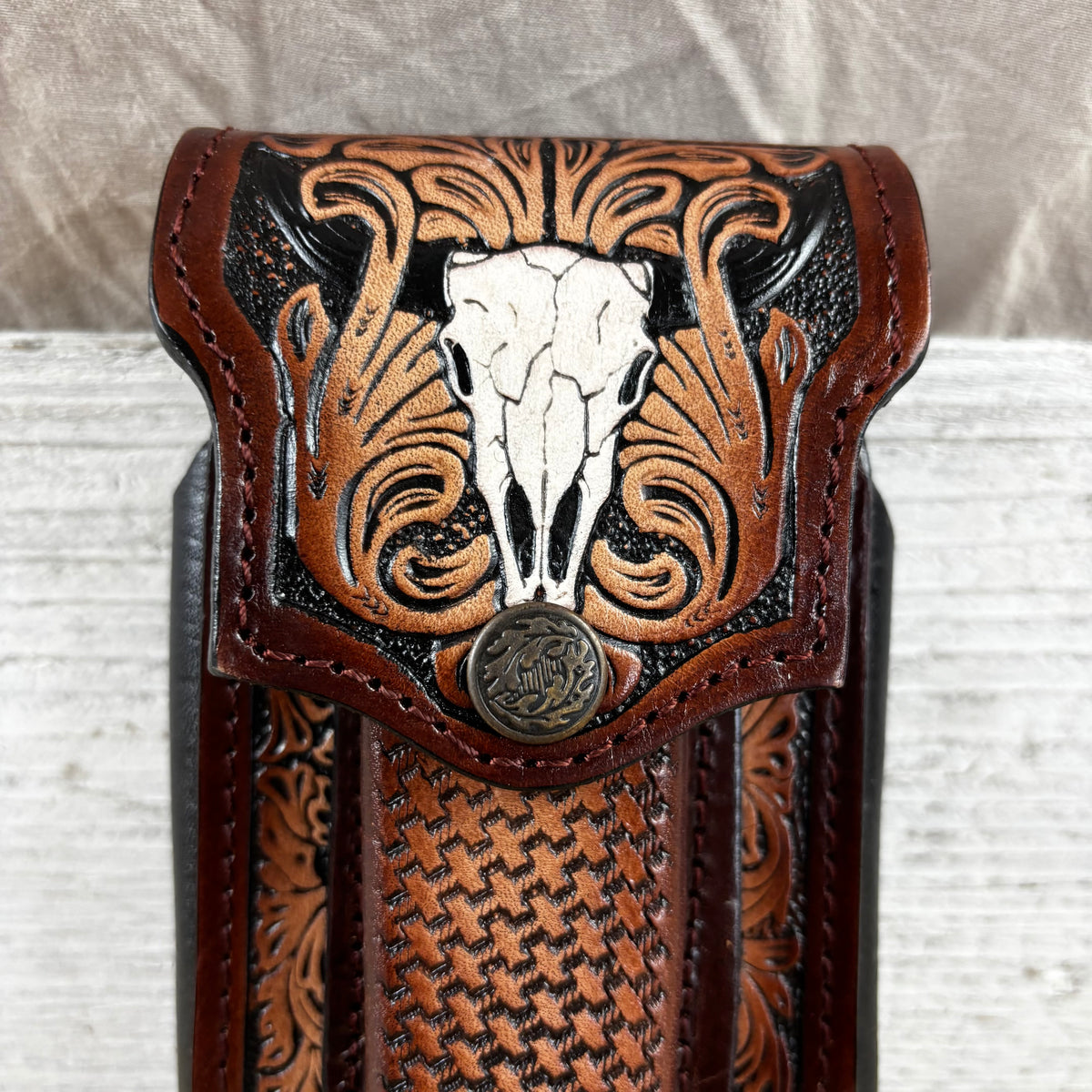 LONGHORN LEATHER HOLSTER 7" PHONE POUCH WITH KNIFE HOLDER FRONT EXTRA LARGE  BELT LOOP CELL PHONE CASE UNIVERSAL OVERSIZE MEXICO MADE #EH13806
