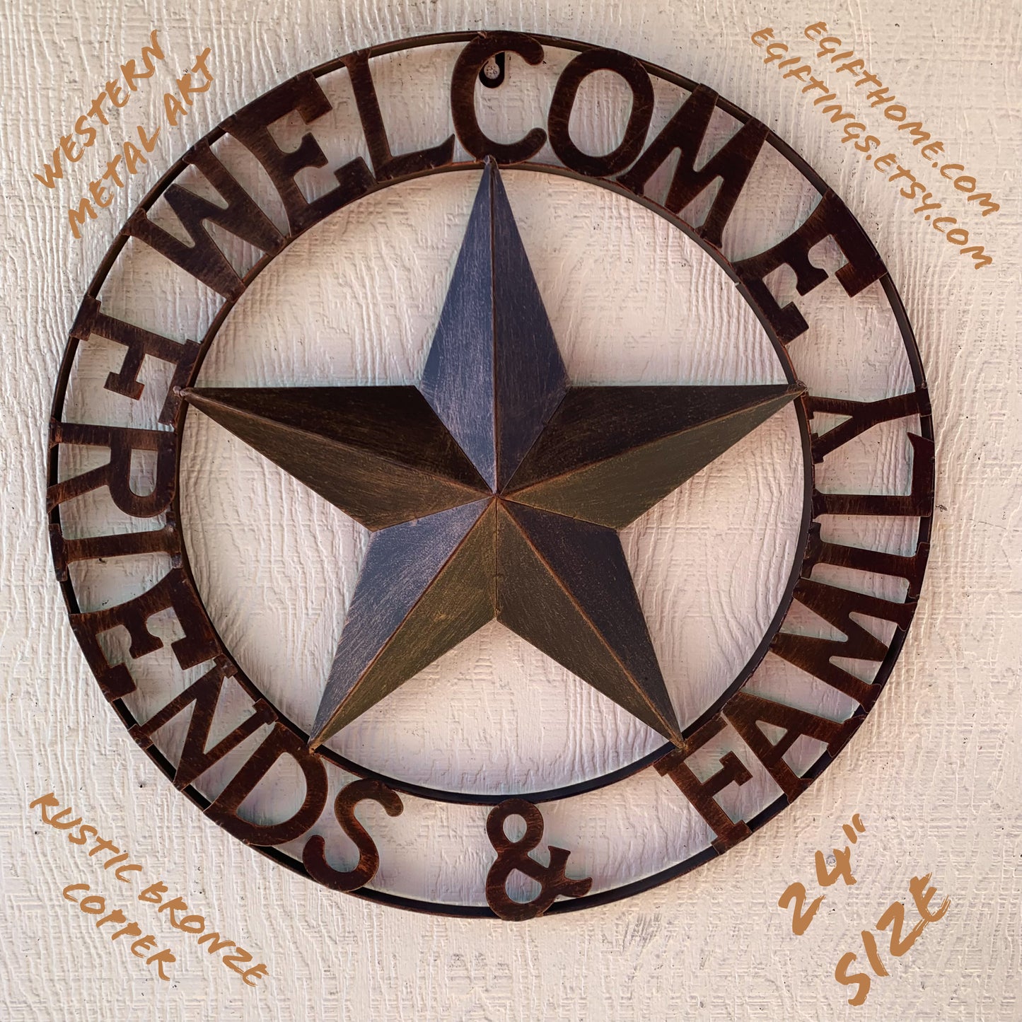 WELCOME FRIENDS FAMILY BARN METAL STAR WALL ART BRONZE WESTERN HOME DECOR HANDMADE NEW #EH13339