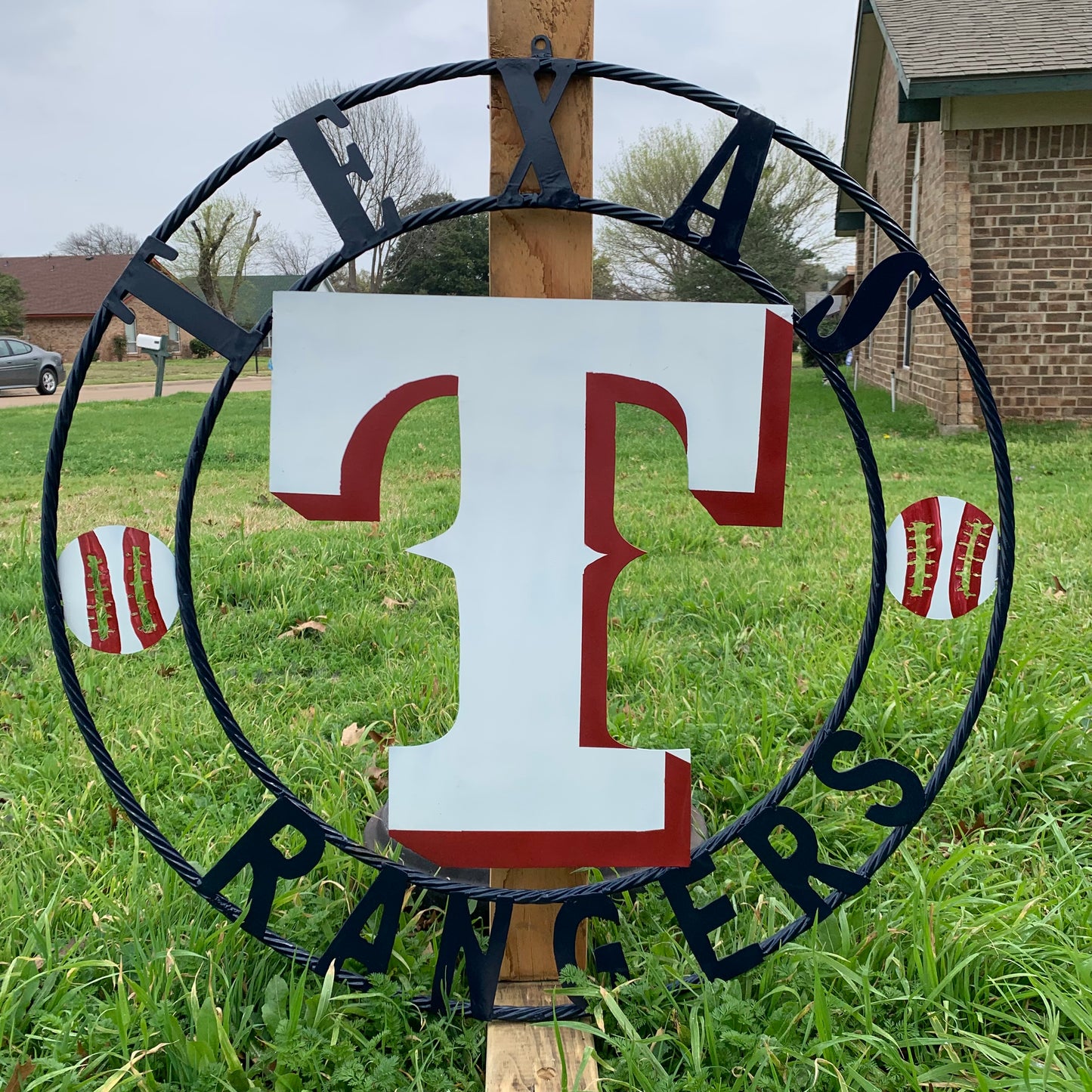 TEXAS RANGERS CUSTOM METAL VINTAGE CRAFT TEAM SIGN WHITE & RED & NAVY BLUE RING HANDMADE