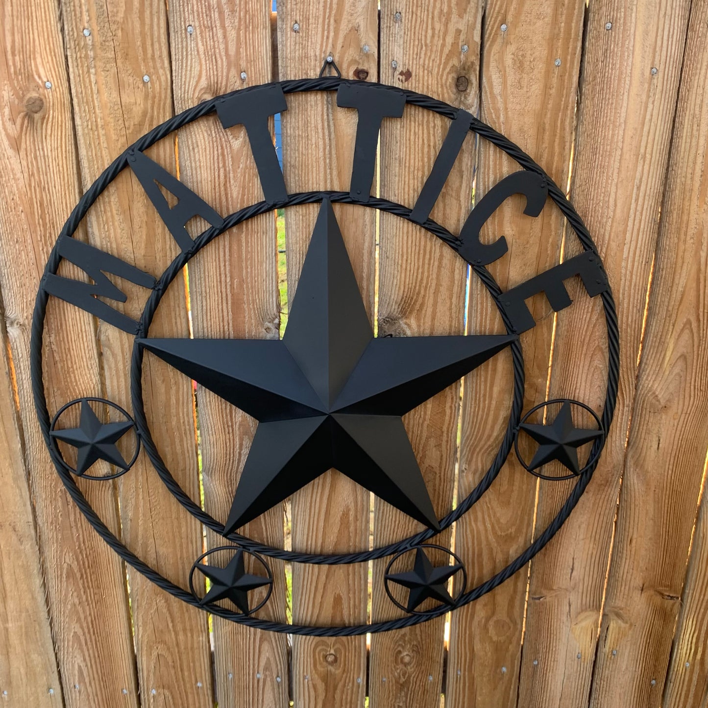 MATTICE STYLE BLACK STAR YOUR CUSTOM NAME BARN METAL STAR 3d TWISTED ROPE RING WESTERN HOME DECOR HANDMADE 24",32",36",50"