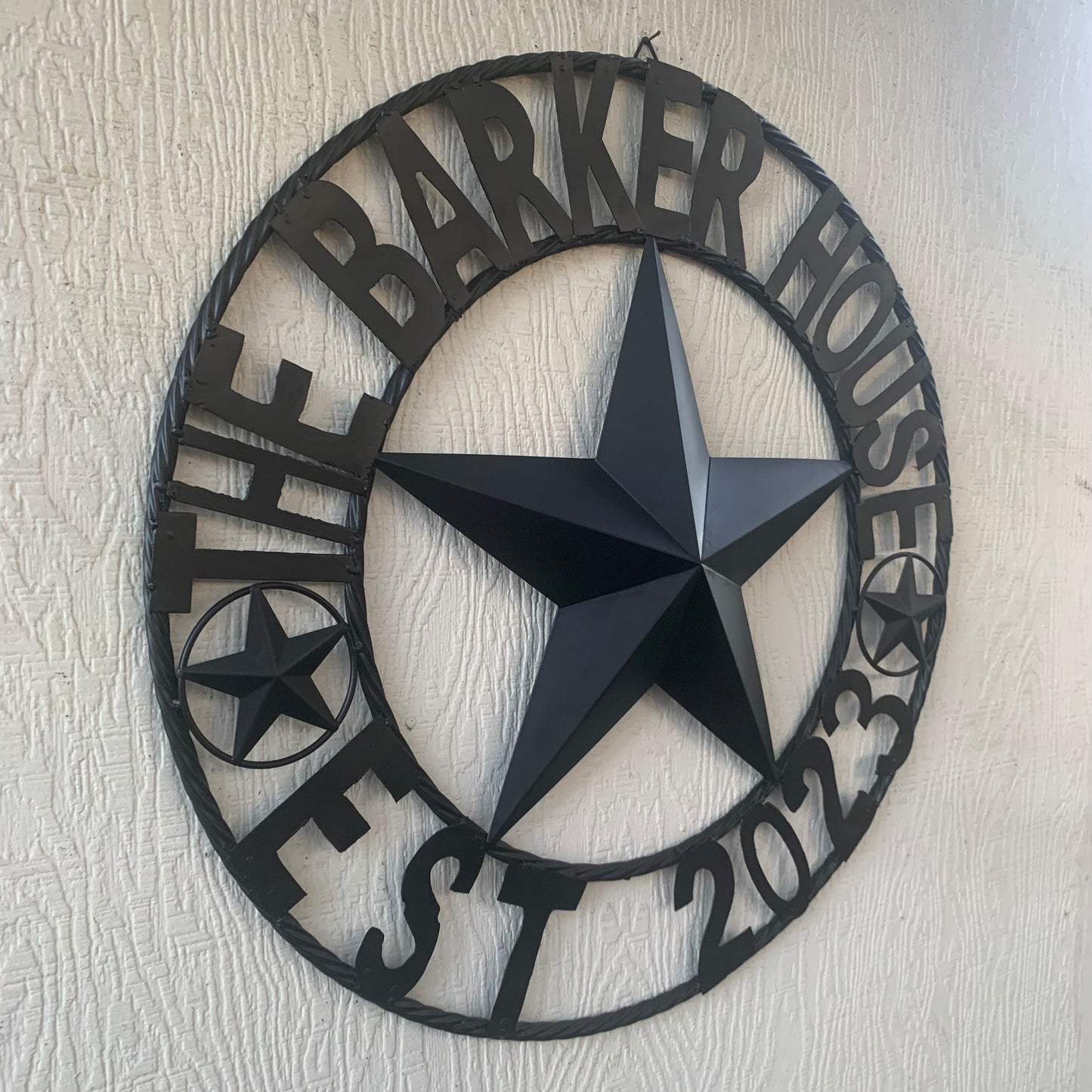 BARKER STYLE CUSTOM NAME STAR BARN METAL STAR 3d TWISTED ROPE RING LONESTAR WESTERN HOME DECOR RUSTIC BLACK HANDMADE 24",32",36",50"
