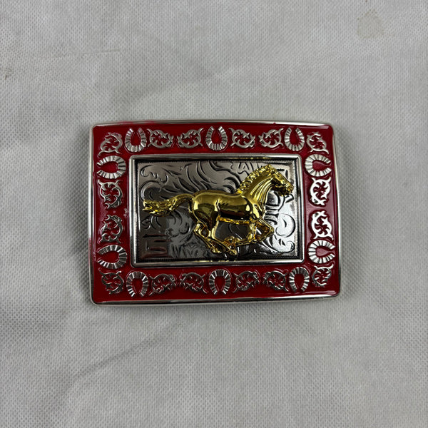 HORSE BELT BUCKLE GOLD SILVER & RED OUTLINE WESTERN METAL BUCKLE FASHION ART 4.5" X 3.5"  #EH12265