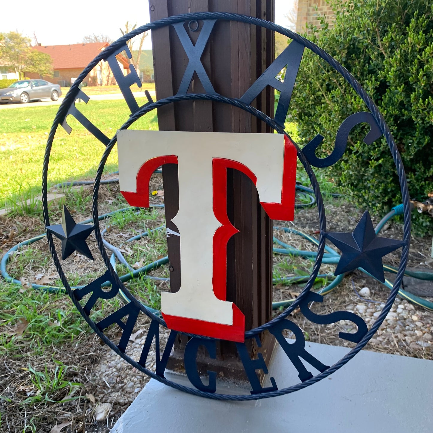 12", 18", 24", 32" TEXAS RANGERS BARN CUSTOM METAL VINTAGE CRAFT SIGN TEAM  WHITE & RED & NAVY BLUE RING & STAR HANDMADE