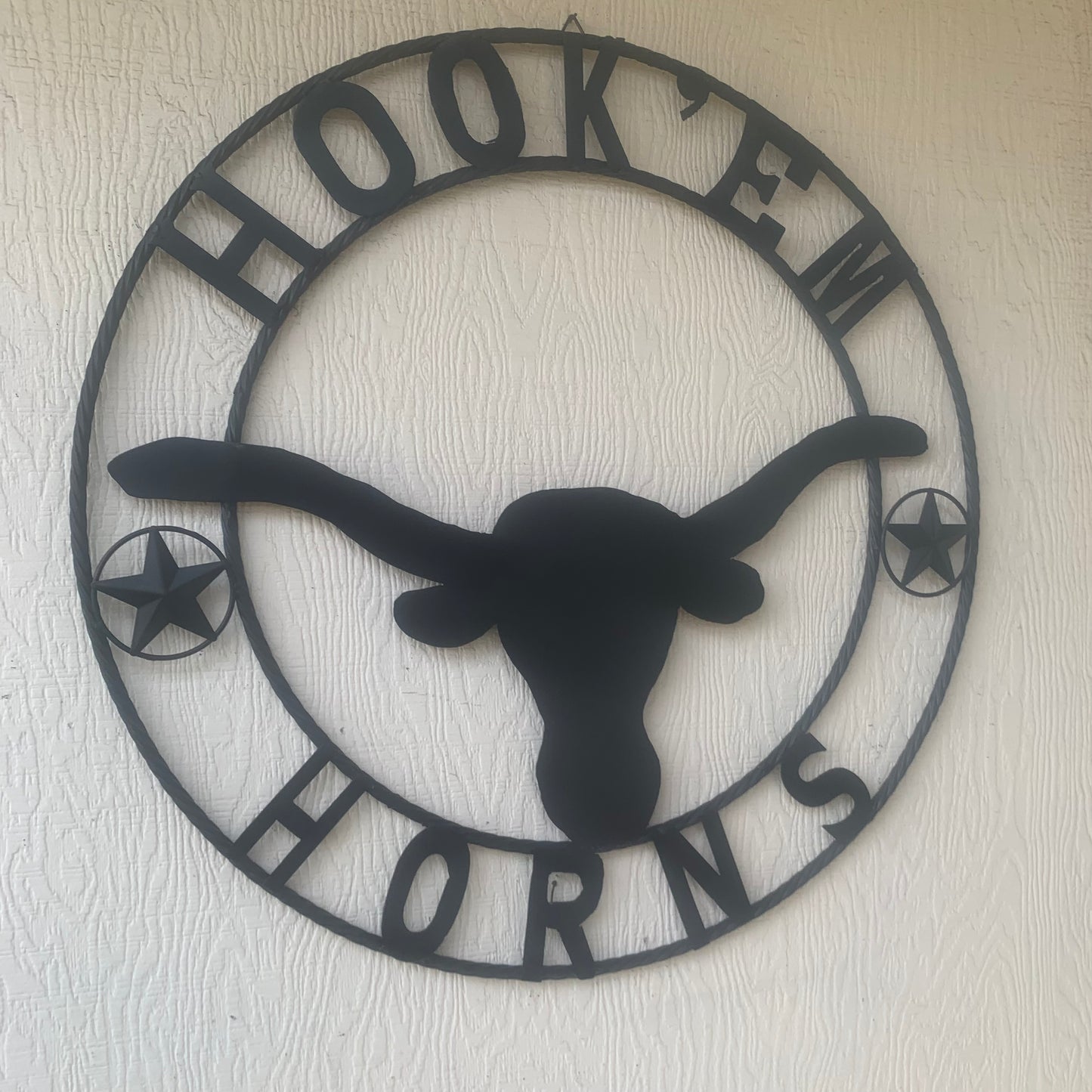 HOOKEM HORNS WITH LONE STAR TEXAS LONGHORNS HOOK EM BLACK METAL CUSTOM VINTAGE CRAFT WALL ART TEAM SIGN HANDMADE