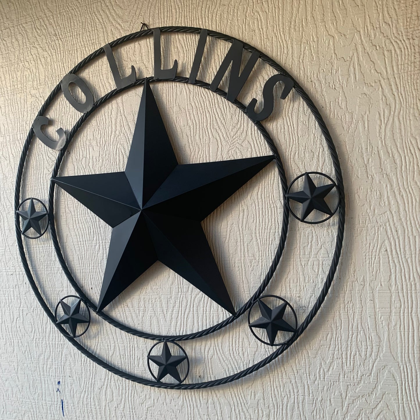 COLLINS STYLE CUSTOM STAR NAME BARN METAL STAR 3d TWISTED ROPE RING WESTERN HOME DECOR RUSTIC BLACK HANDMADE 24",32",36",50"