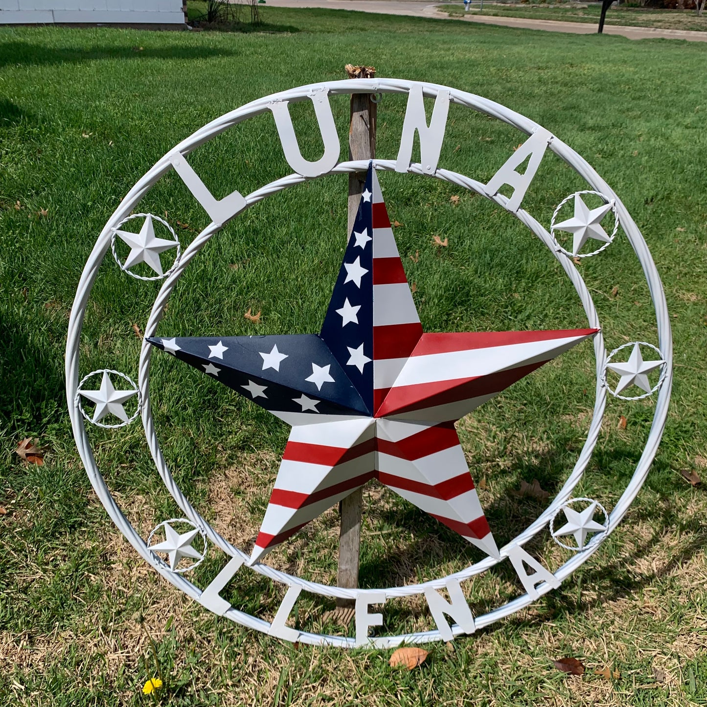 LUNA STYLE CUSTOM NAME BARN STAR METAL STAR 3d TWISTED ROPE RING WESTERN HOME DECOR USA FLAG STAR RED WHOTE & BLUE WITH WHITE RING HANDMADE 24",32",36",50"