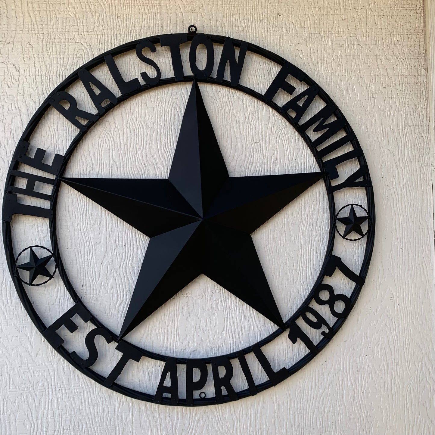 RALSTON FAMILY STYLE CUSTOM NAME STAR BARN METAL STAR 3d TWISTED ROPE RING WESTERN HOME DECOR RUSTIC BLACK HANDMADE 24",32",36",50"
