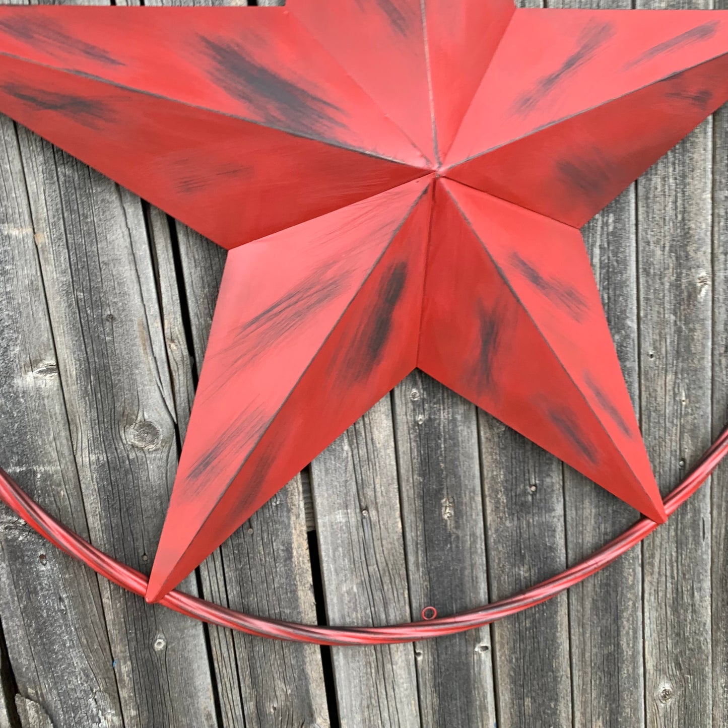 RED DISTRESSED STAR TWO TONE TEXTURE BARN STAR METAL LONESTAR TWISTED ROPE RING WESTERN HOME DECOR HANDMADE NEW #EH12958