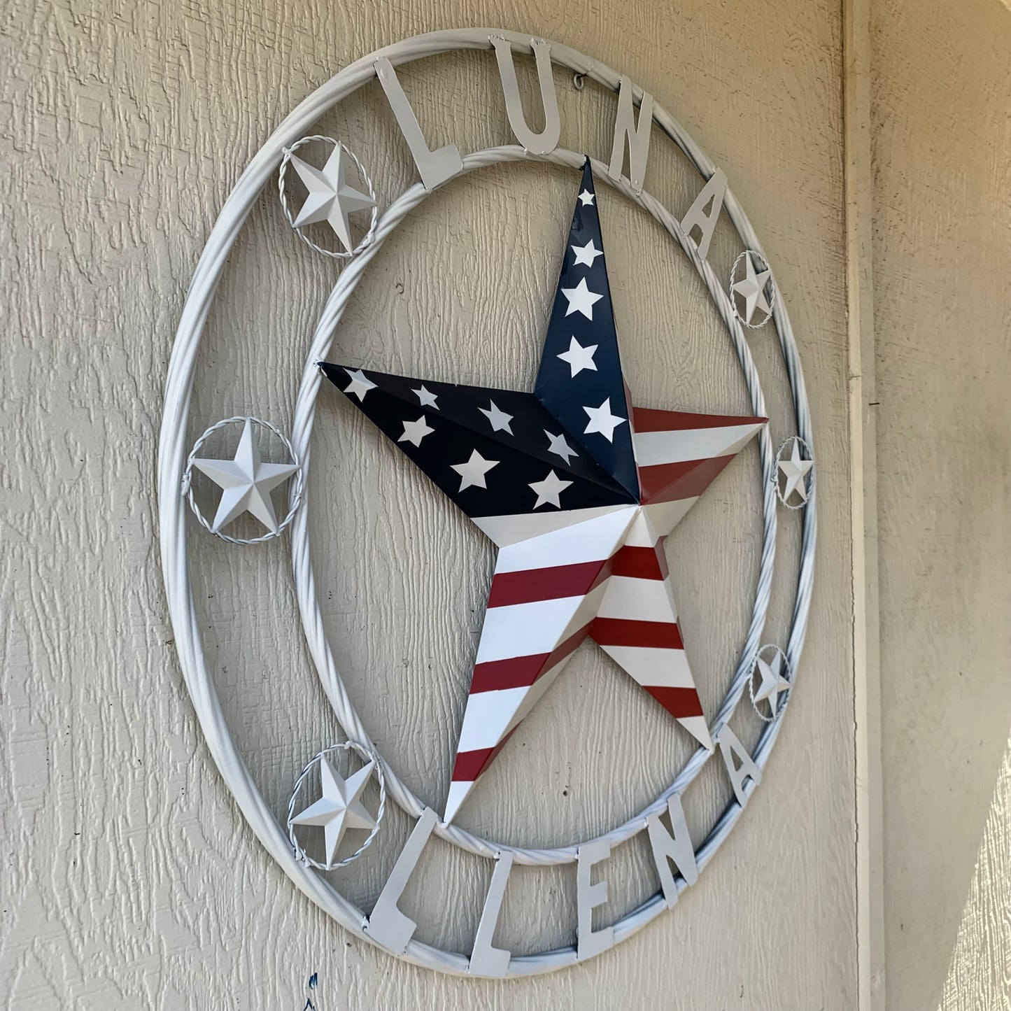 LUNA STYLE CUSTOM NAME BARN STAR METAL STAR 3d TWISTED ROPE RING WESTERN HOME DECOR USA FLAG STAR RED WHOTE & BLUE WITH WHITE RING HANDMADE 24",32",36",50"