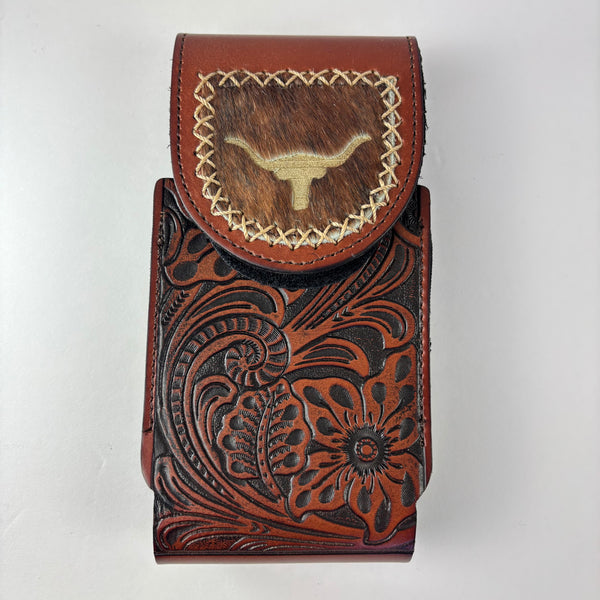 7" LONGHORNS LEATHER HOLSTER BROWN POUCH EXTRA LARGE  BELT LOOP CELL PHONE CASE UNIVERSAL OVERSIZE