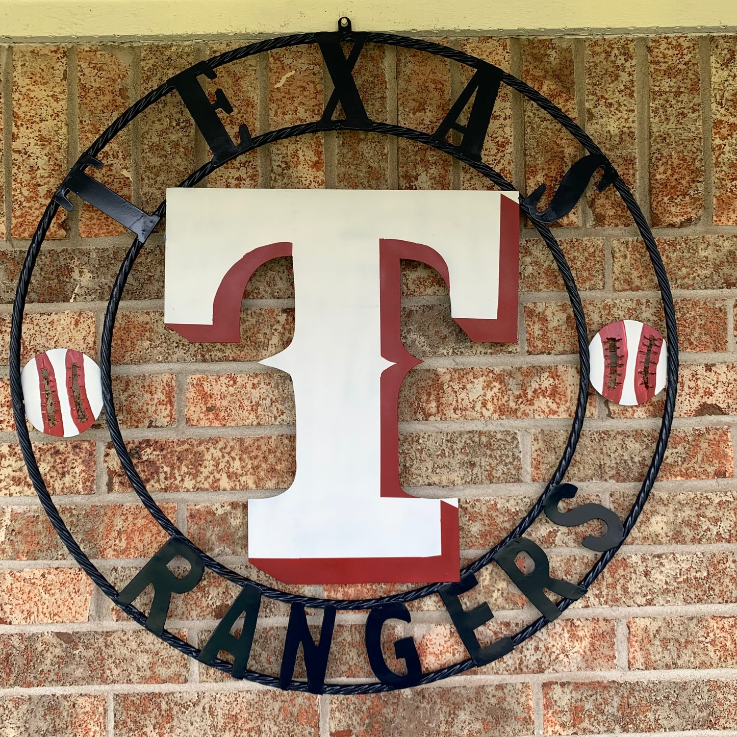 TEXAS RANGERS CUSTOM METAL VINTAGE CRAFT TEAM SIGN WHITE & RED & NAVY BLUE RING HANDMADE