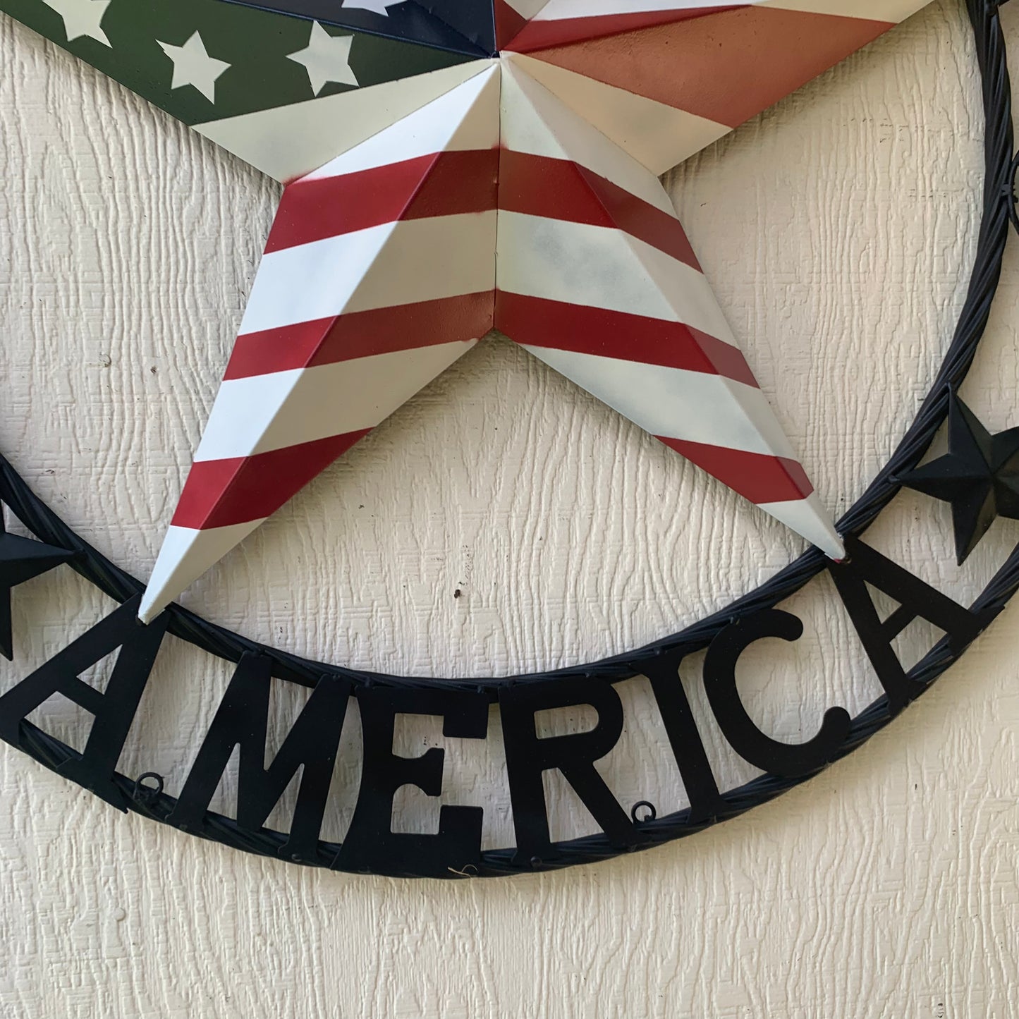 GOD BLESS AMERICA USA FLAG 3d STAR METAL BARN STAR BLACK TWISTED ROPE RING WALL ART WESTERN HOME DECOR RED WHITE & BLUE HANDMADE NEW #EH10490