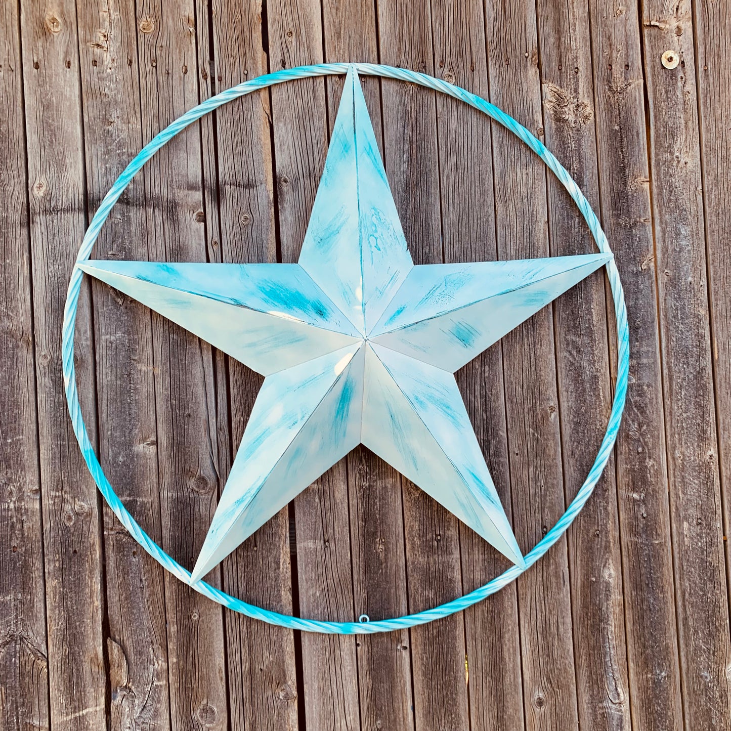 #EH11219 TURQUOISE WHITE DISTRESSED STAR TWO TONE TEXTURE BARN STAR METAL LONESTAR TWISTED ROPE RING WESTERN HOME DECOR HANDMADE NEW