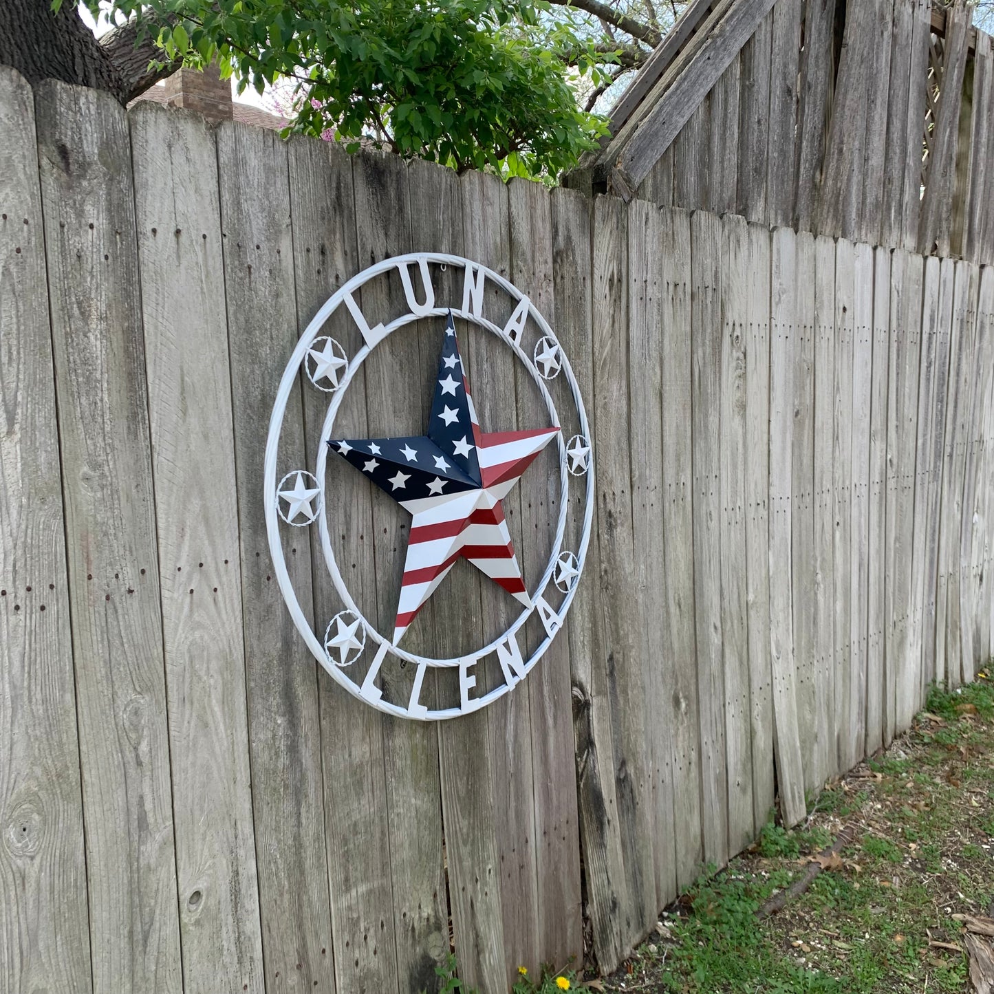 LUNA STYLE CUSTOM NAME BARN STAR METAL STAR 3d TWISTED ROPE RING WESTERN HOME DECOR USA FLAG STAR RED WHOTE & BLUE WITH WHITE RING HANDMADE 24",32",36",50"