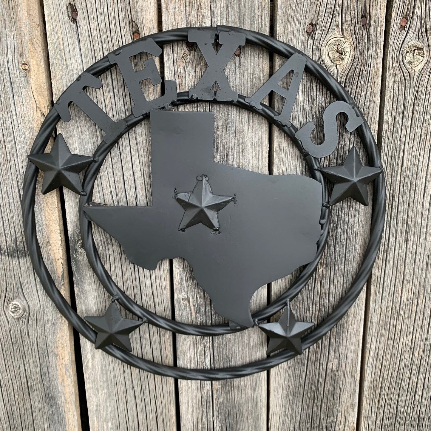 12" STATE OF TEXAS MAP RUSTIC BLACK TWISTED RING METAL SIGN WESTERN HOME DECOR HANDMADE NEW