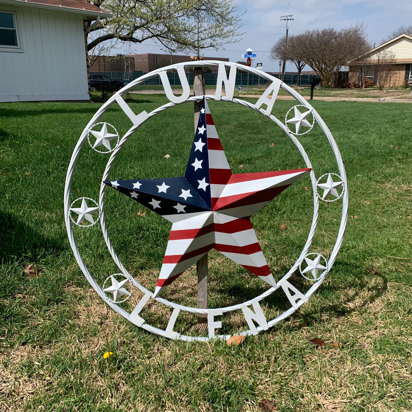 LUNA STYLE CUSTOM NAME BARN STAR METAL STAR 3d TWISTED ROPE RING WESTERN HOME DECOR USA FLAG STAR RED WHOTE & BLUE WITH WHITE RING HANDMADE 24",32",36",50"