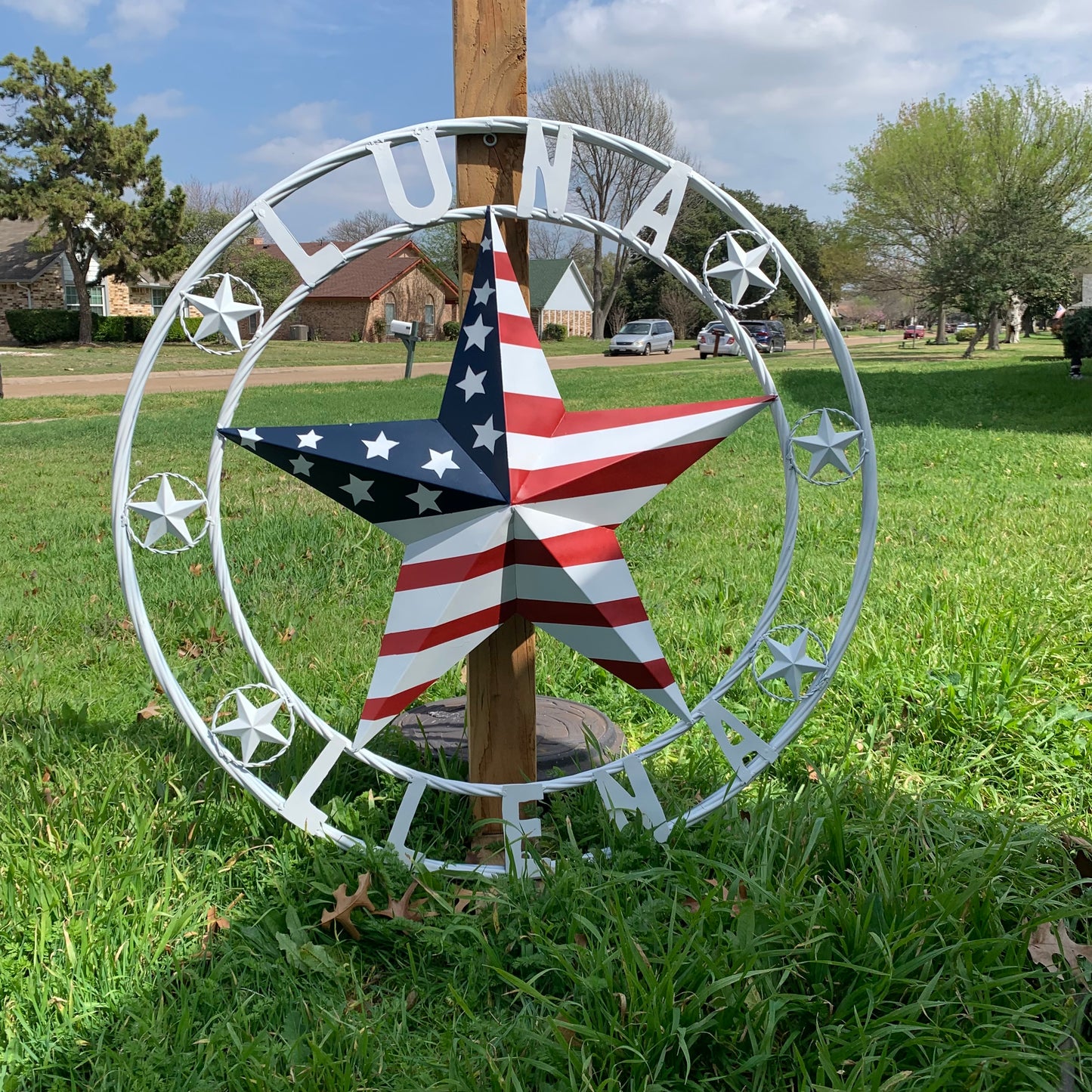 LUNA STYLE CUSTOM NAME BARN STAR METAL STAR 3d TWISTED ROPE RING WESTERN HOME DECOR USA FLAG STAR RED WHOTE & BLUE WITH WHITE RING HANDMADE 24",32",36",50"