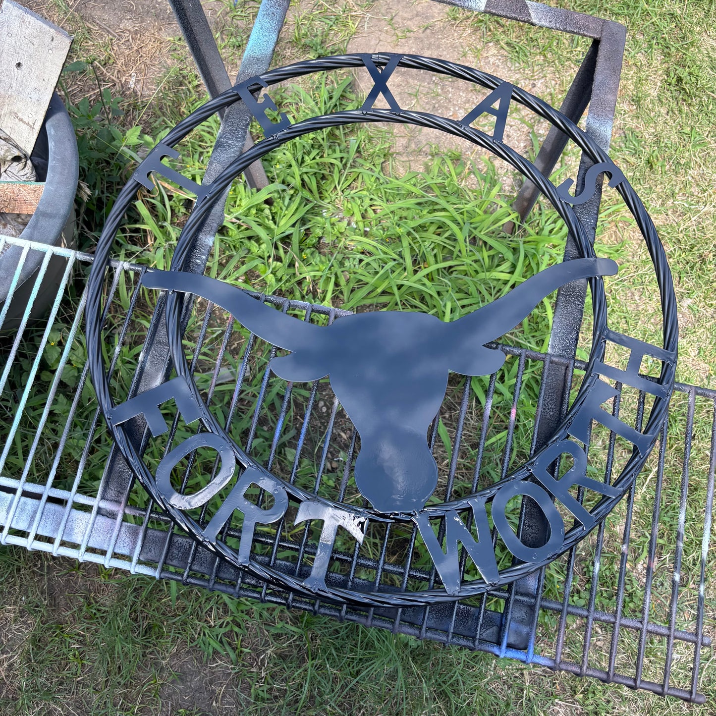 TEXAS FORT WORTH METAL SIGN LONGHORNS BLACK WESTERN HOME DECOR HANDMADE
