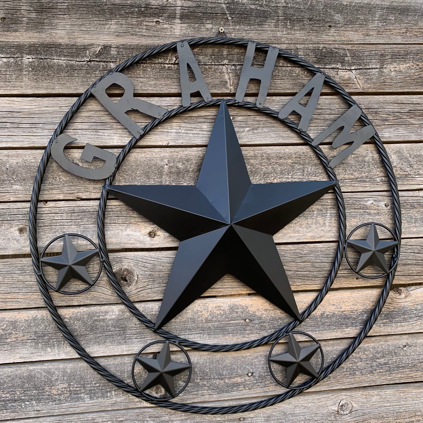GRAHAM STYLE YOUR CUSTOM NAME STAR BARN STAR METAL LONE STAR WESTERN HOME DECOR RUSTIC BLACK HANDMADE 24",32",36",50"