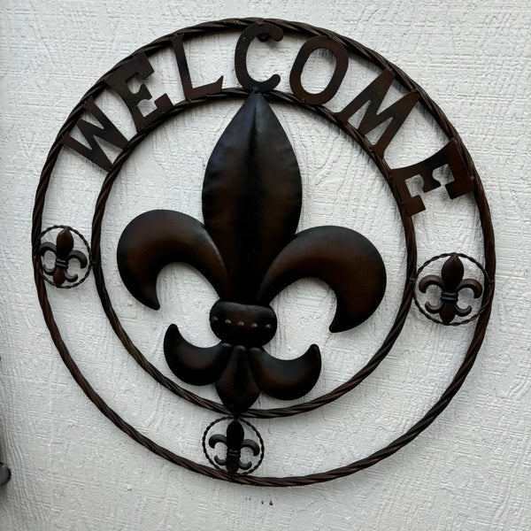 24" WELCOME FLEUR DE LIS METAL WALL ART WESTERN HOME DECOR BROWN NEW #EH11997