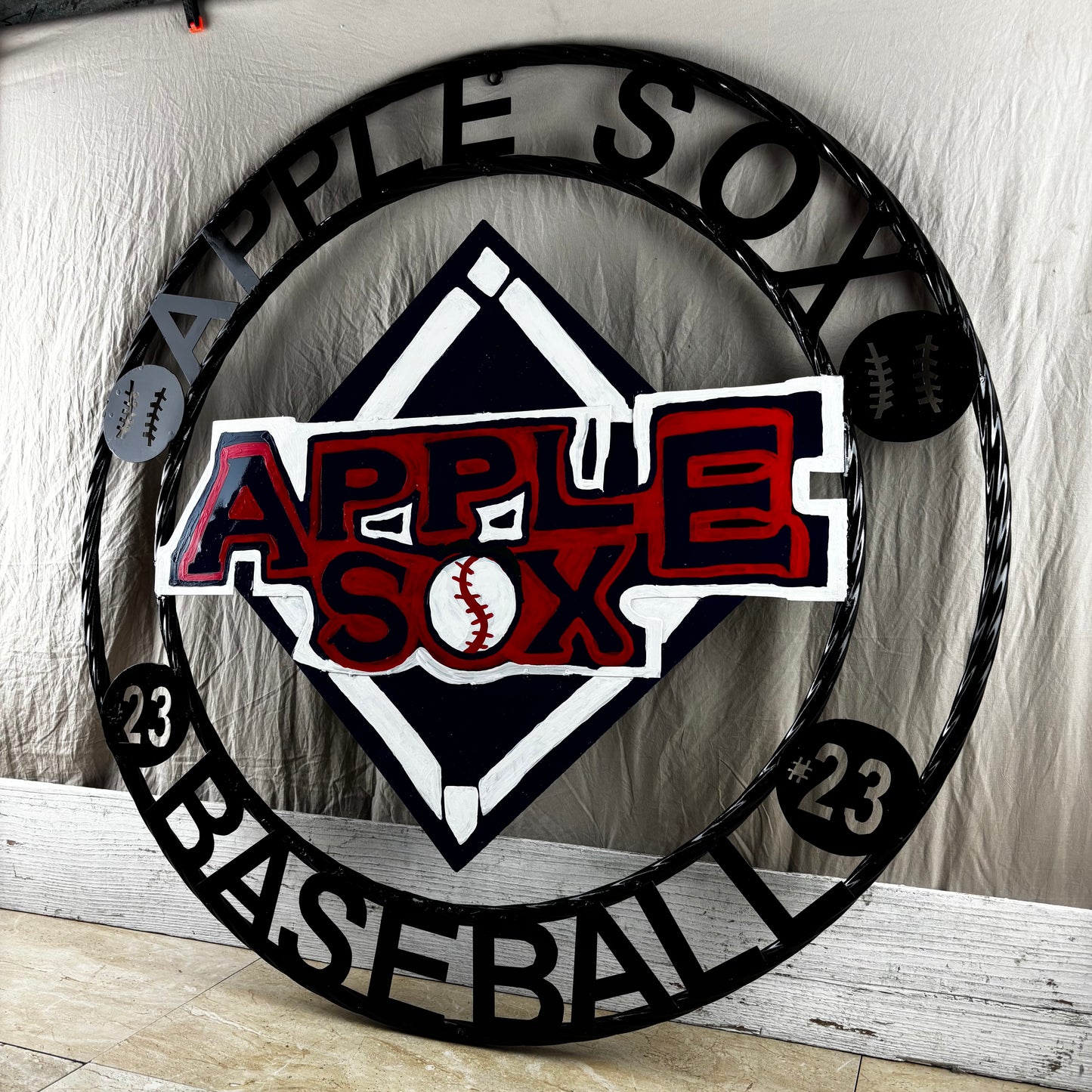 APPLE SOX BASEBALL CUSTOM METAL VINTAGE CRAFT SIGN TEAM NAVY BLUE WHITE RED HANDMADE