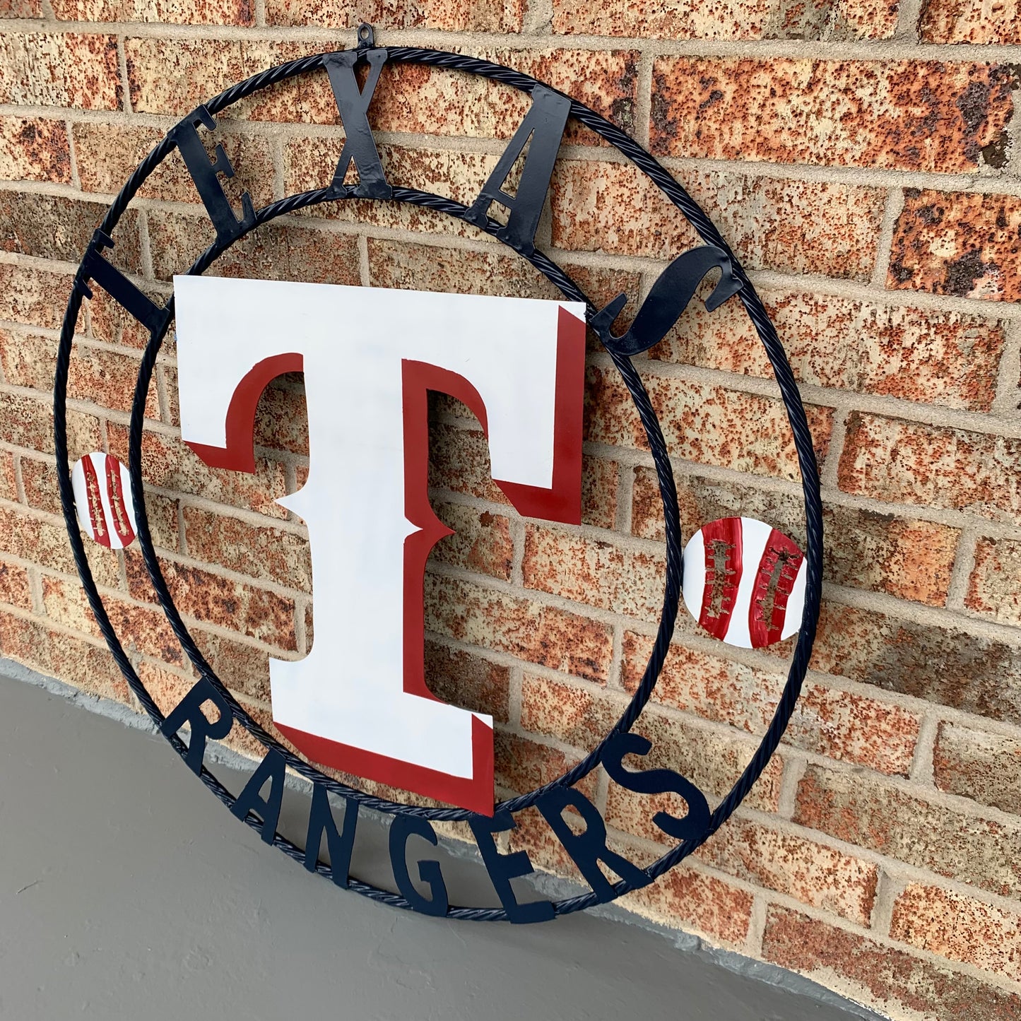 TEXAS RANGERS CUSTOM METAL VINTAGE CRAFT TEAM SIGN WHITE & RED & NAVY BLUE RING HANDMADE