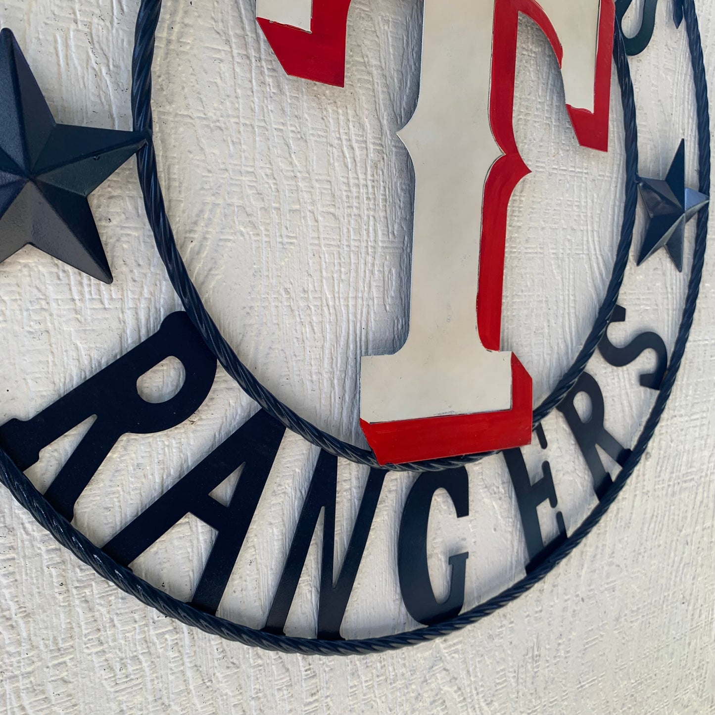 12", 18", 24", 32" TEXAS RANGERS BARN CUSTOM METAL VINTAGE CRAFT SIGN TEAM  WHITE & RED & NAVY BLUE RING & STAR HANDMADE