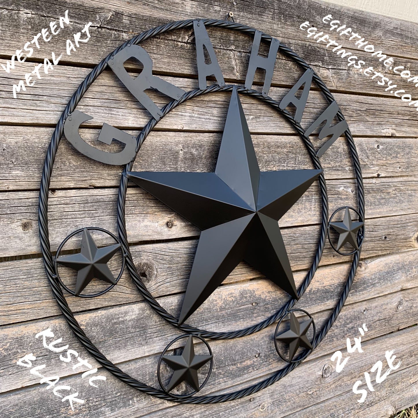 GRAHAM STYLE YOUR CUSTOM NAME STAR BARN STAR METAL LONE STAR WESTERN HOME DECOR RUSTIC BLACK HANDMADE 24",32",36",50"