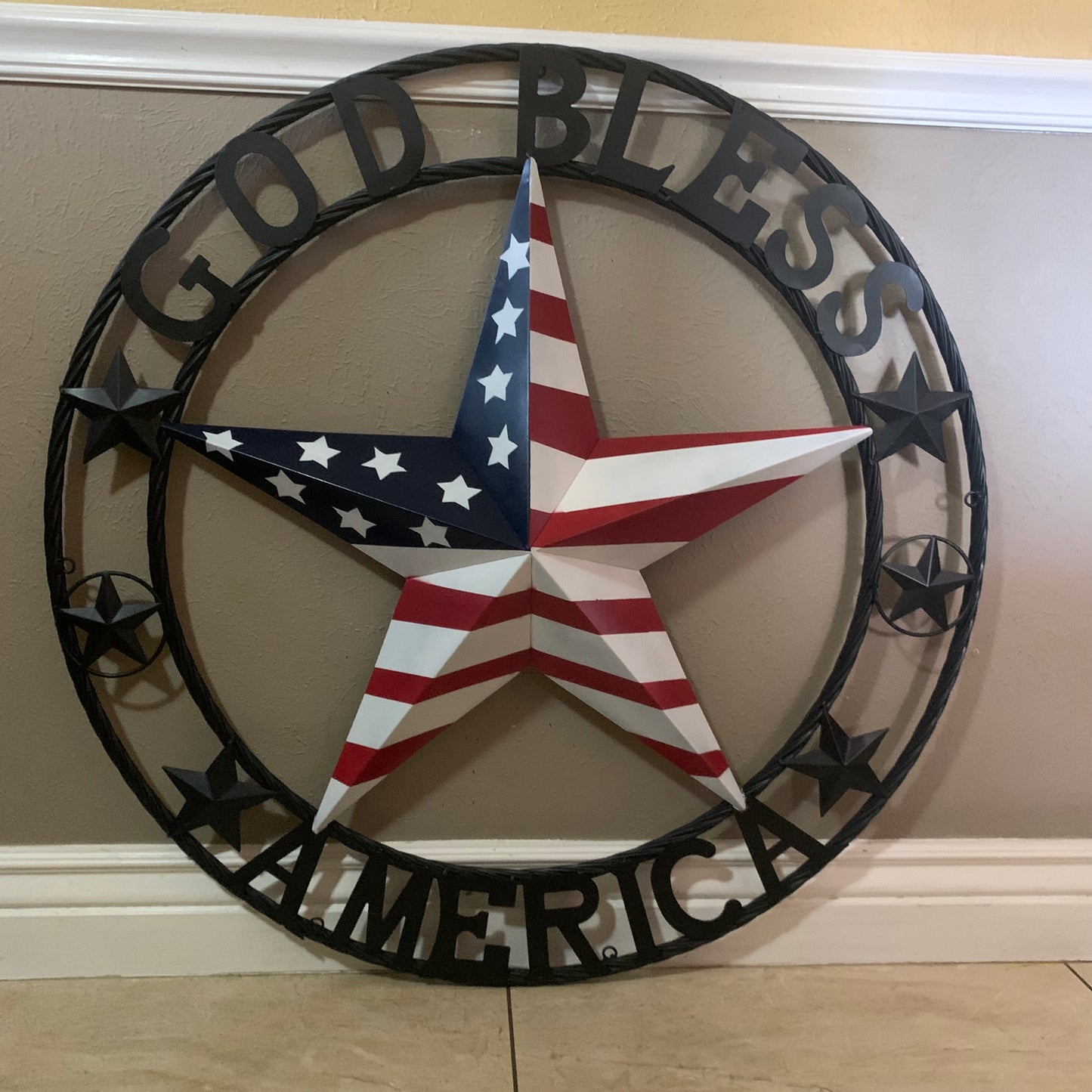 GOD BLESS AMERICA USA FLAG 3d STAR METAL BARN STAR BLACK TWISTED ROPE RING WALL ART WESTERN HOME DECOR RED WHITE & BLUE HANDMADE NEW #EH10490