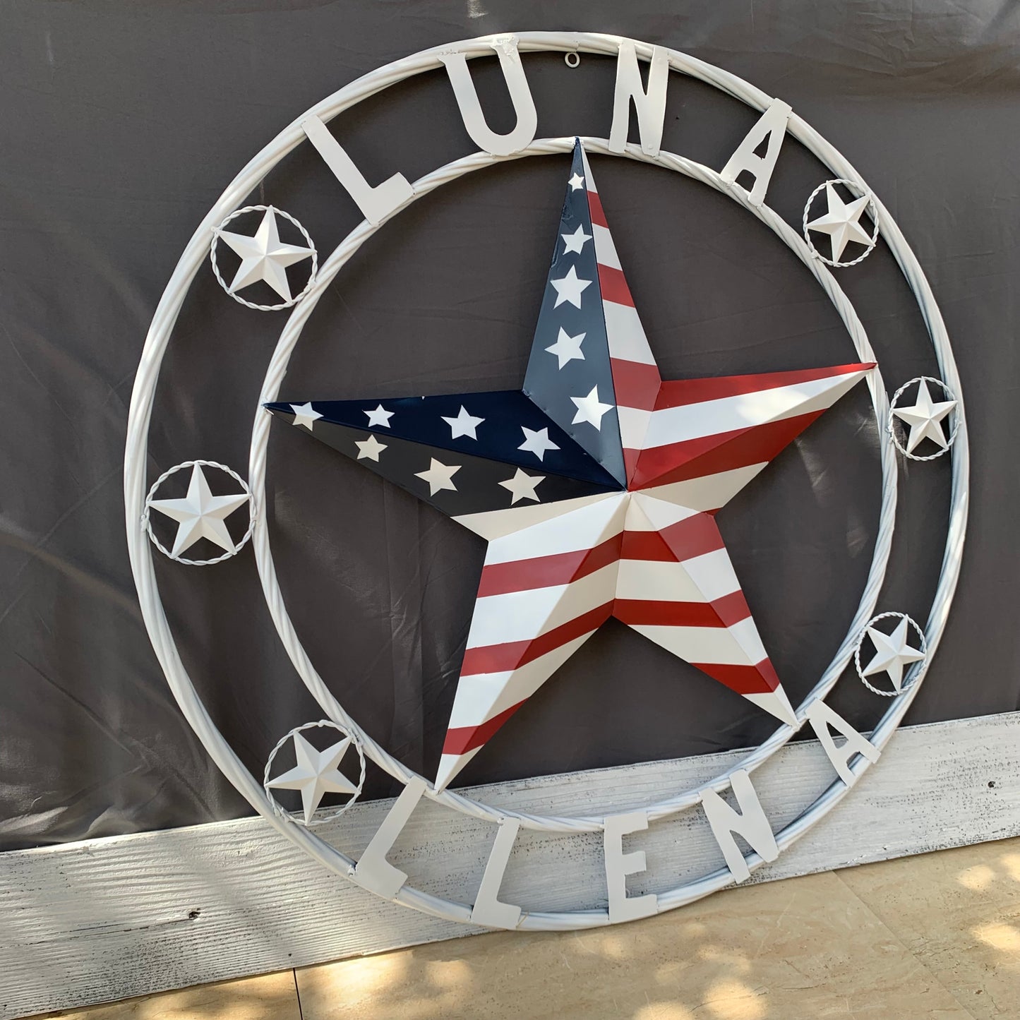 LUNA STYLE CUSTOM NAME BARN STAR METAL STAR 3d TWISTED ROPE RING WESTERN HOME DECOR USA FLAG STAR RED WHOTE & BLUE WITH WHITE RING HANDMADE 24",32",36",50"