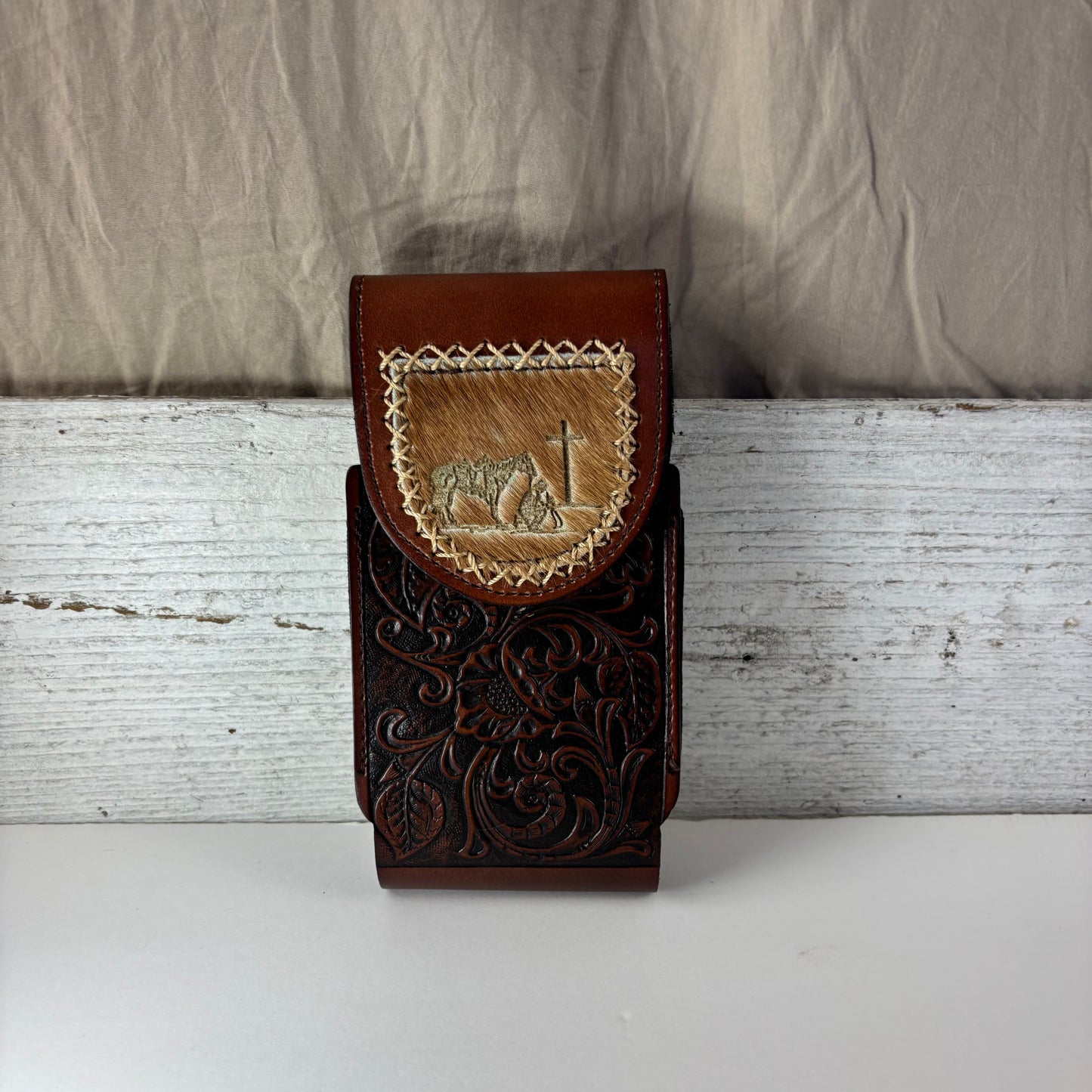 7" COWBOY PRAYER  LEATHER HOLSTER BROWN POUCH EXTRA LARGE  BELT LOOP CELL PHONE CASE UNIVERSAL OVERSIZE #EH13322