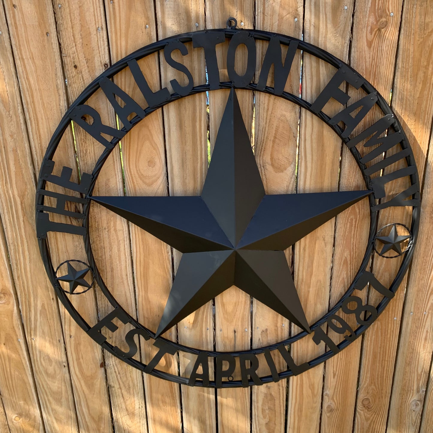 RALSTON FAMILY STYLE CUSTOM NAME STAR BARN METAL STAR 3d TWISTED ROPE RING WESTERN HOME DECOR RUSTIC BLACK HANDMADE 24",32",36",50"