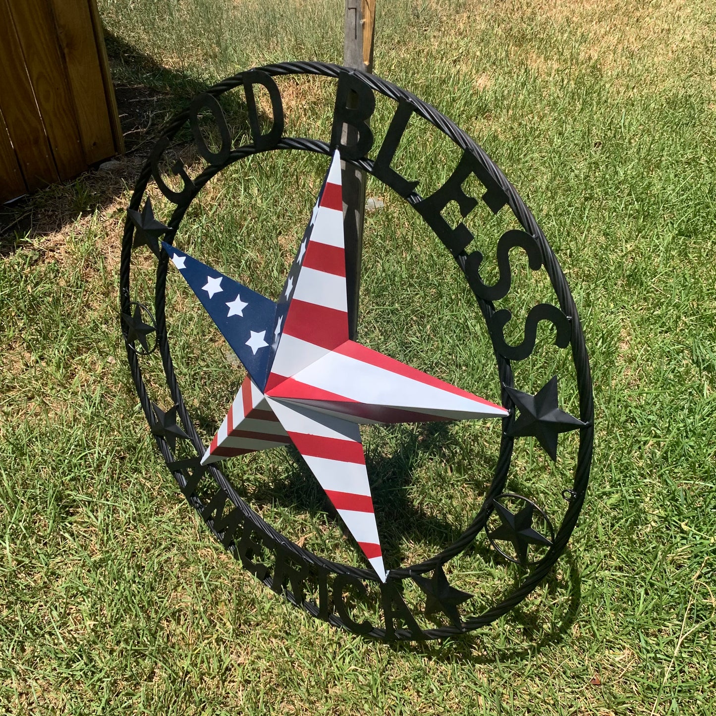 GOD BLESS AMERICA USA FLAG 3d STAR METAL BARN STAR BLACK TWISTED ROPE RING WALL ART WESTERN HOME DECOR RED WHITE & BLUE HANDMADE NEW #EH10490