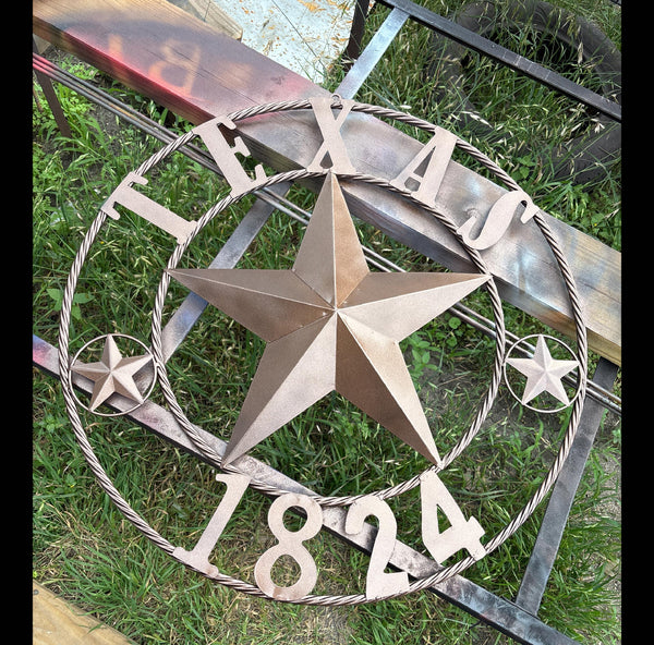 TEXAS 1824 STYLE YOUR CUSTOM NAME STAR METAL BARN STAR ROPE RING RUSTIC BRONZE WESTERN HOME DECOR NEW HANDMADE 24",32",36",40",50"