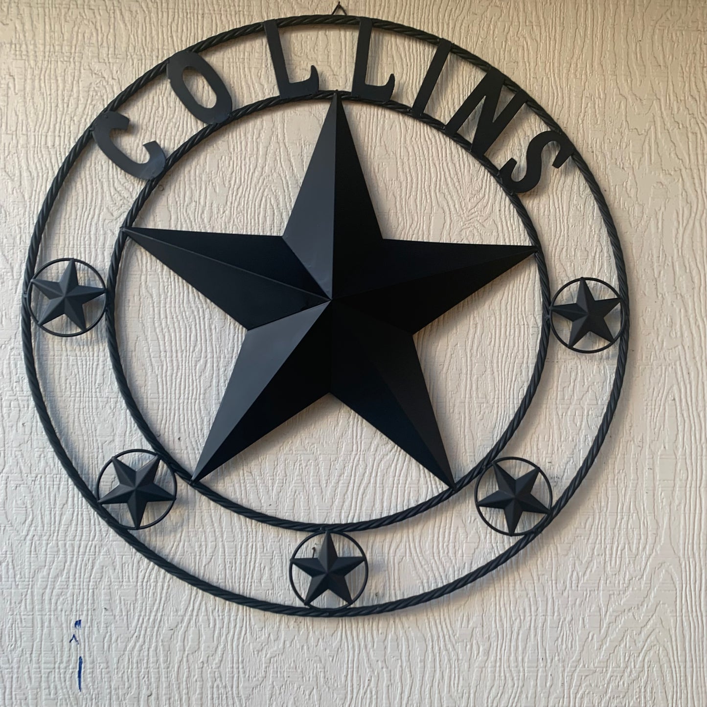 COLLINS STYLE CUSTOM STAR NAME BARN METAL STAR 3d TWISTED ROPE RING WESTERN HOME DECOR RUSTIC BLACK HANDMADE 24",32",36",50"