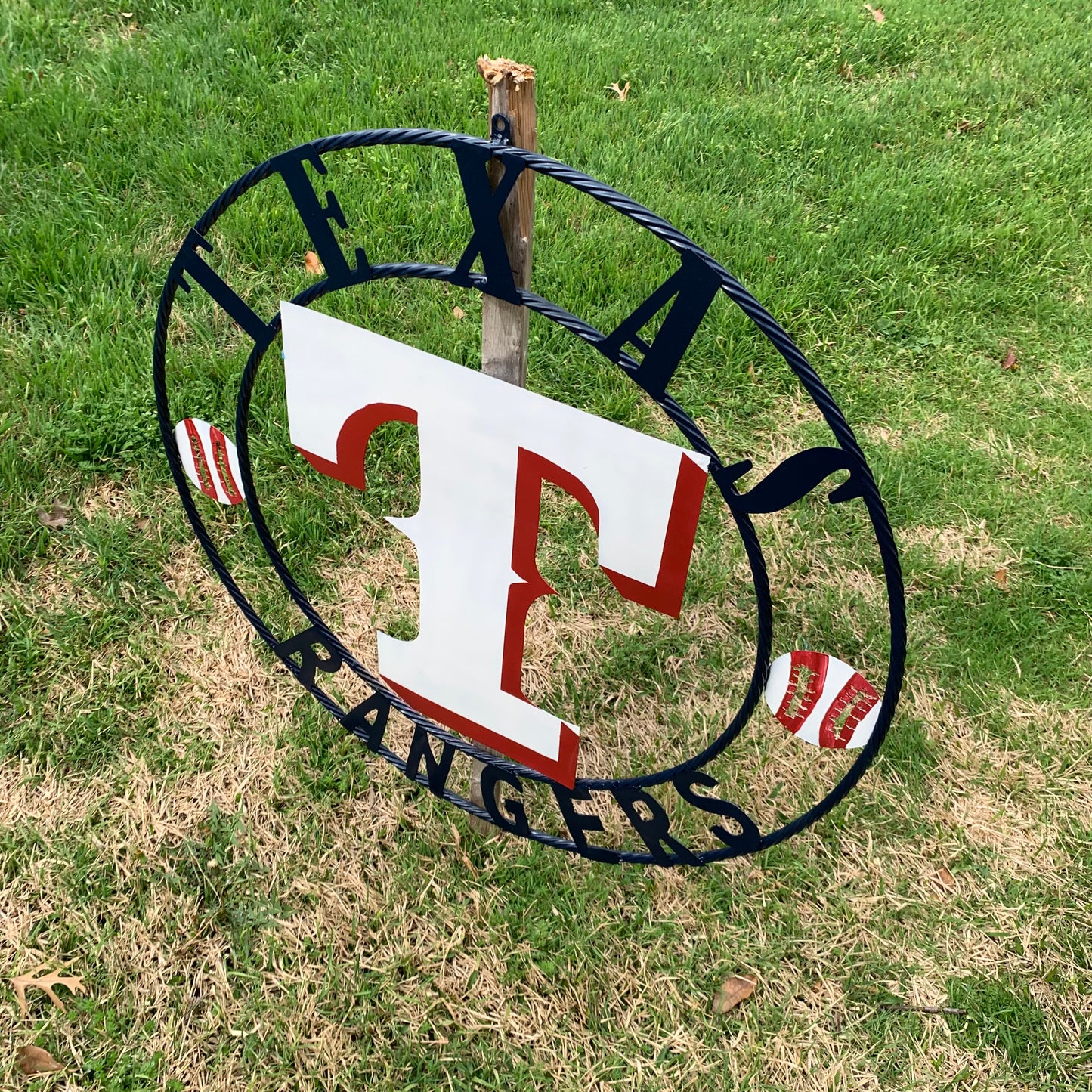 TEXAS RANGERS CUSTOM METAL VINTAGE CRAFT TEAM SIGN WHITE & RED & NAVY BLUE RING HANDMADE