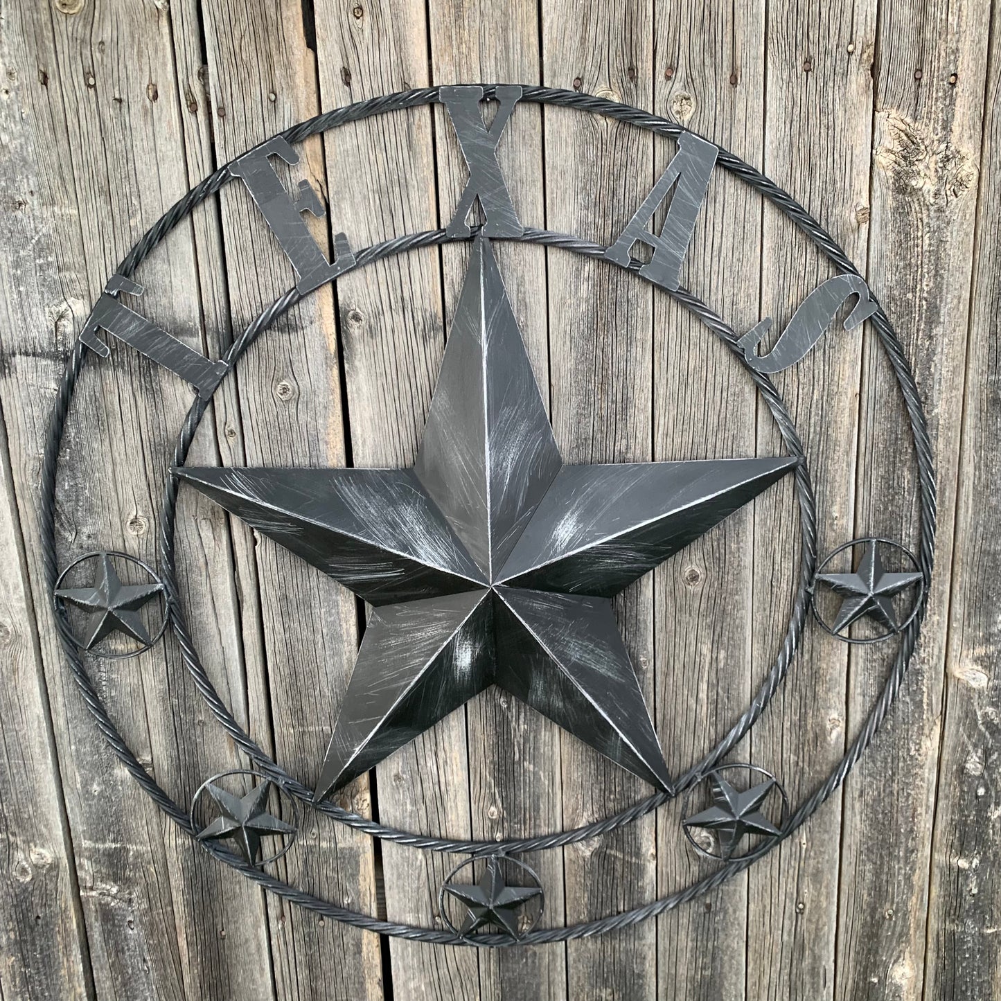 TEXAS BLACK DISTRESSED STAR TWO TONE TEXTURE BARN STAR METAL LONESTAR TWISTED ROPE RING WESTERN HOME DECOR HANDMADE NEW
