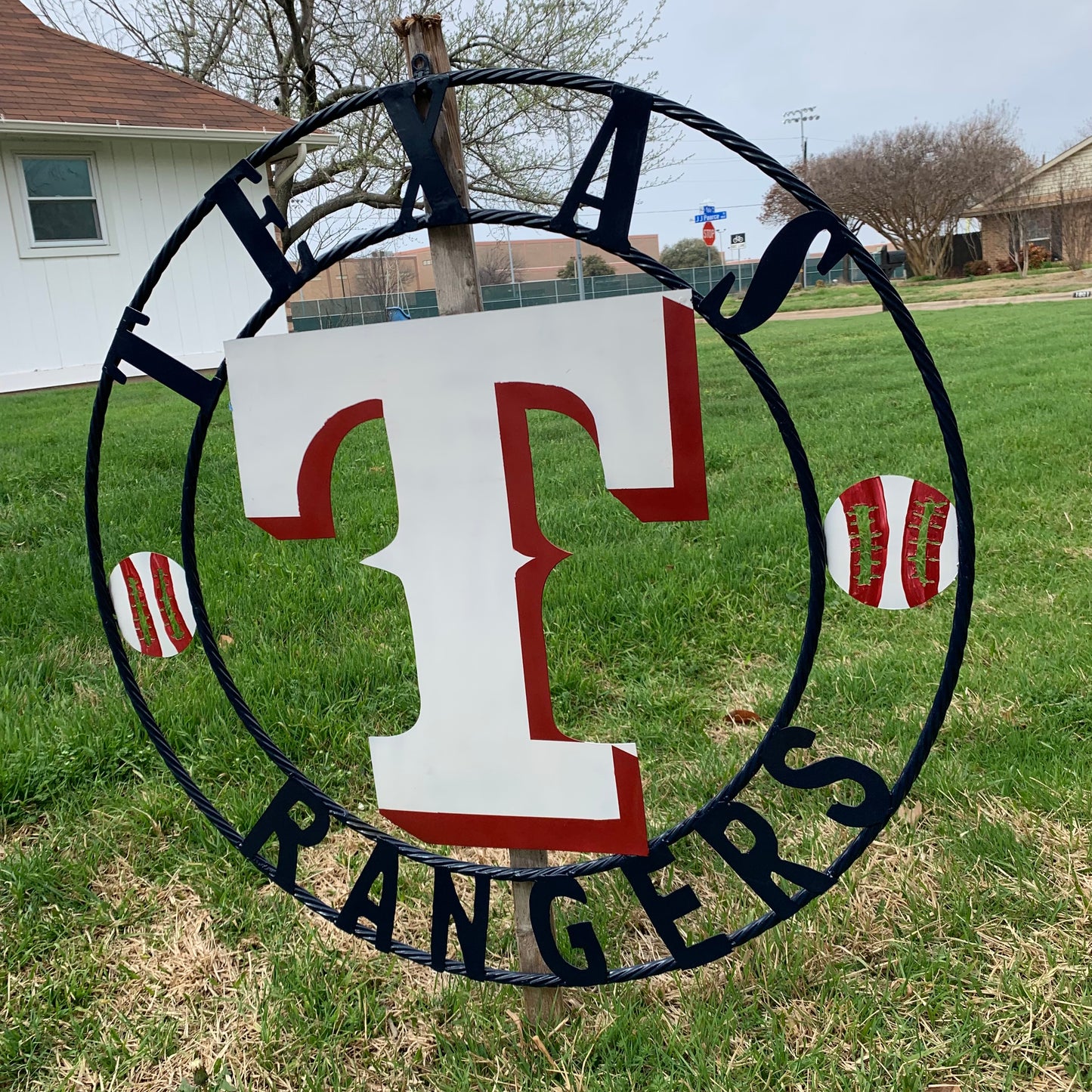 TEXAS RANGERS CUSTOM METAL VINTAGE CRAFT TEAM SIGN WHITE & RED & NAVY BLUE RING HANDMADE