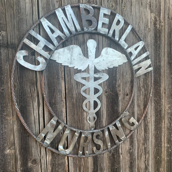 CUSTOM NAME CHAMBERLAIN NURSING STYLE TWISTIED RING BARN RUSTIC BRONZE METAL SIGN WESTERN HOME DECOR HANDMADE 24",32",36"