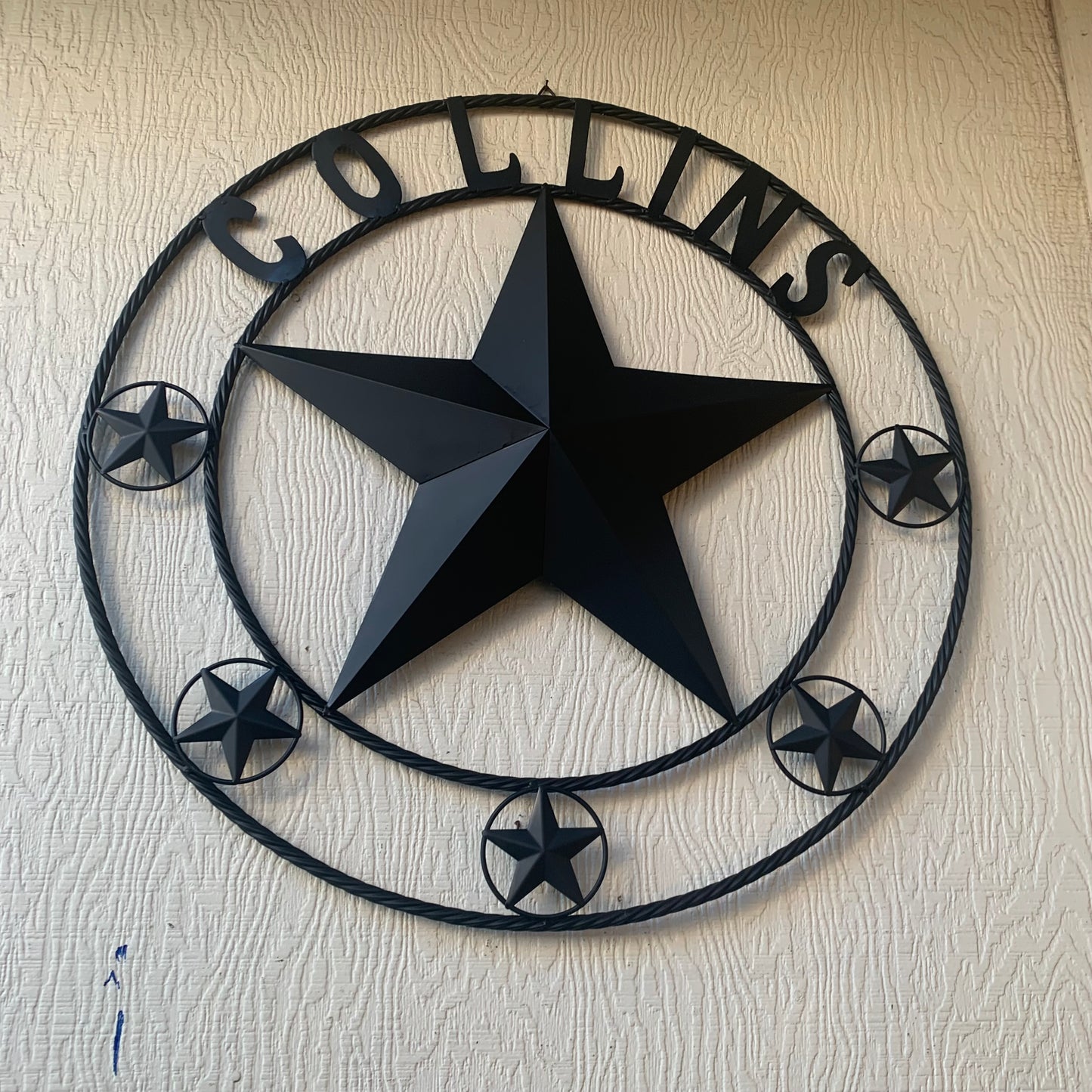 COLLINS STYLE CUSTOM STAR NAME BARN METAL STAR 3d TWISTED ROPE RING WESTERN HOME DECOR RUSTIC BLACK HANDMADE 24",32",36",50"