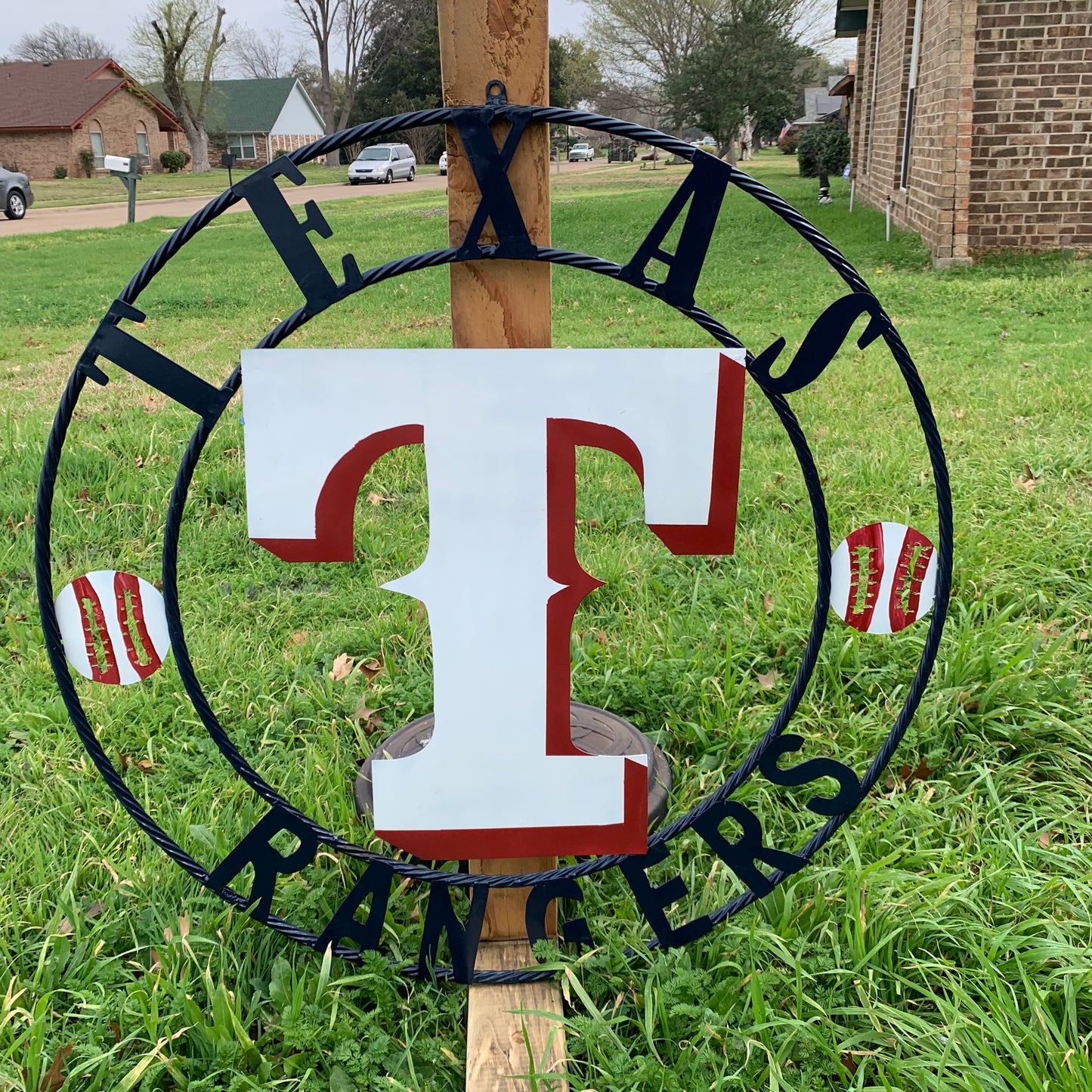 TEXAS RANGERS CUSTOM METAL VINTAGE CRAFT TEAM SIGN WHITE & RED & NAVY BLUE RING HANDMADE