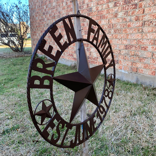 BREEN FAMILY STYLE CUSTOM NAME STAR BARN METAL STAR 3d TWISTED ROPE RING WESTERN HOME DECOR RUSTIC BROWN HANDMADE 24",32",36",50"