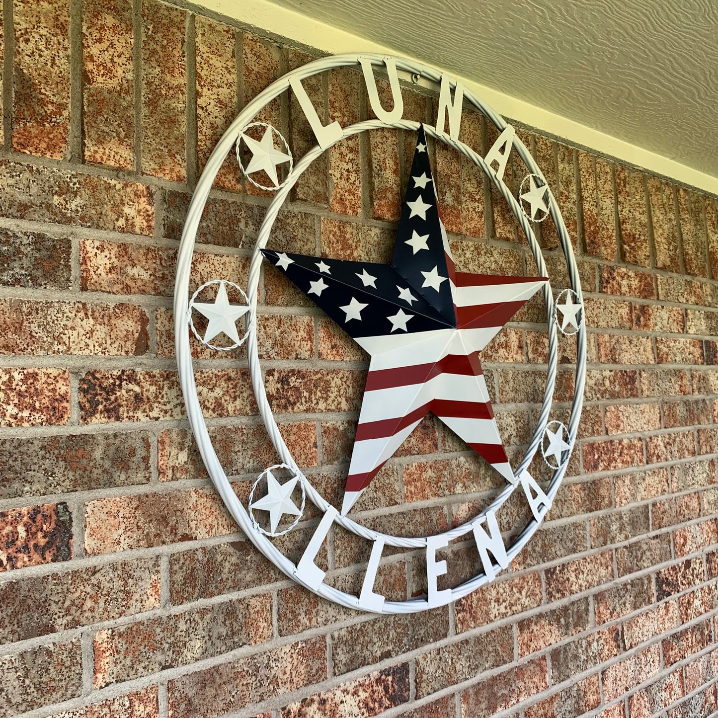 LUNA STYLE CUSTOM NAME BARN STAR METAL STAR 3d TWISTED ROPE RING WESTERN HOME DECOR USA FLAG STAR RED WHOTE & BLUE WITH WHITE RING HANDMADE 24",32",36",50"