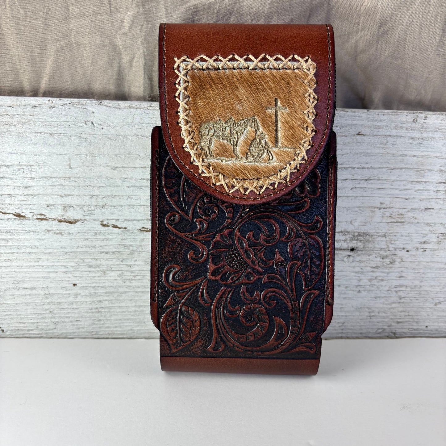 7" COWBOY PRAYER  LEATHER HOLSTER BROWN POUCH EXTRA LARGE  BELT LOOP CELL PHONE CASE UNIVERSAL OVERSIZE #EH13322