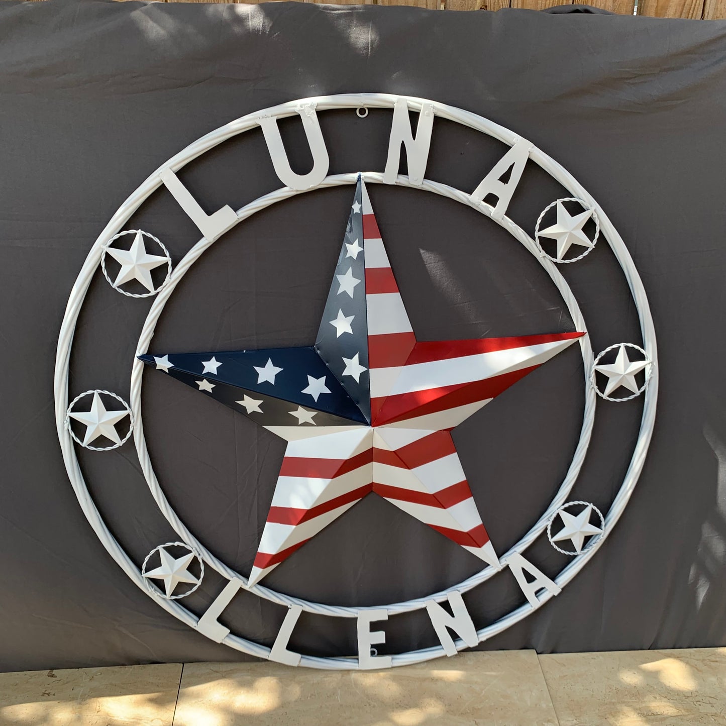 LUNA STYLE CUSTOM NAME BARN STAR METAL STAR 3d TWISTED ROPE RING WESTERN HOME DECOR USA FLAG STAR RED WHOTE & BLUE WITH WHITE RING HANDMADE 24",32",36",50"