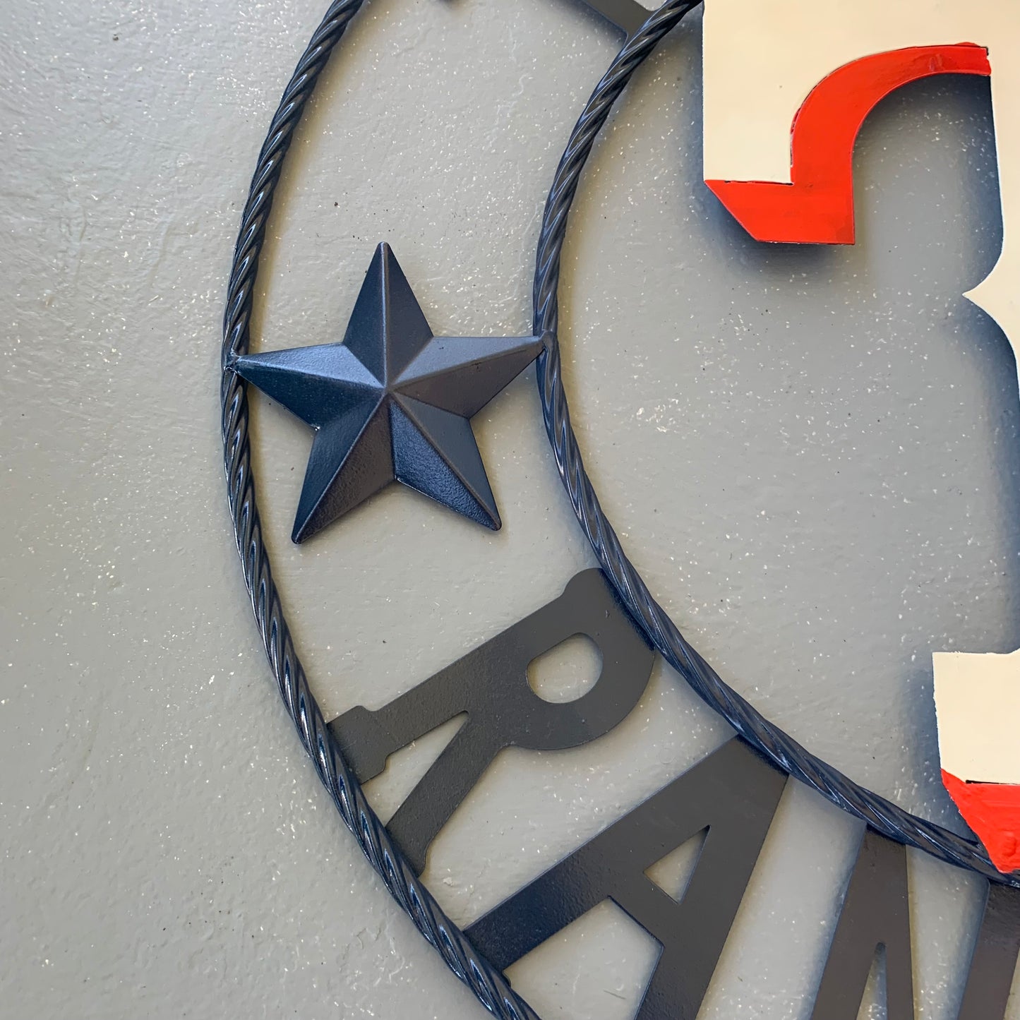 12", 18", 24", 32" TEXAS RANGERS BARN CUSTOM METAL VINTAGE CRAFT SIGN TEAM  WHITE & RED & NAVY BLUE RING & STAR HANDMADE