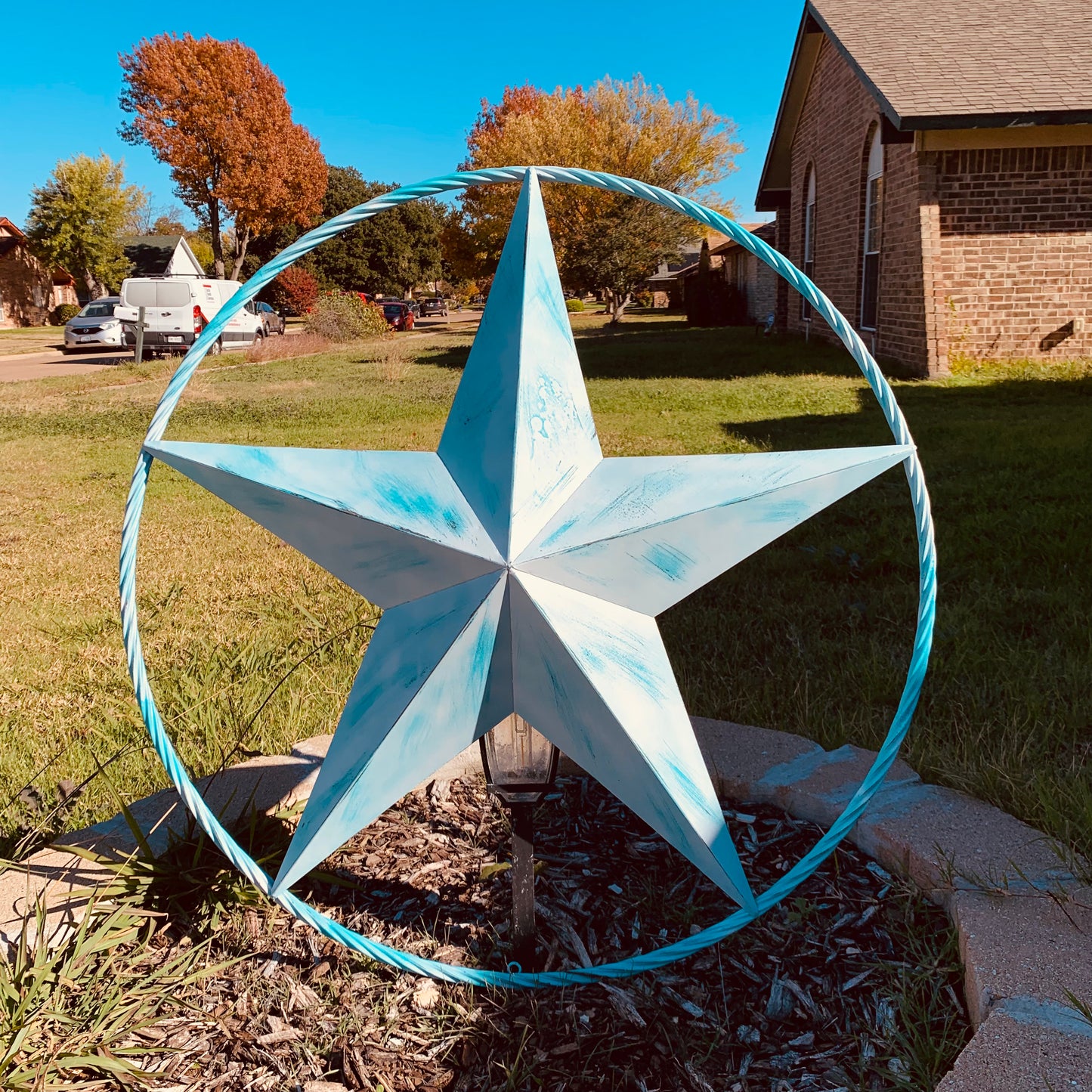 #EH11219 TURQUOISE WHITE DISTRESSED STAR TWO TONE TEXTURE BARN STAR METAL LONESTAR TWISTED ROPE RING WESTERN HOME DECOR HANDMADE NEW