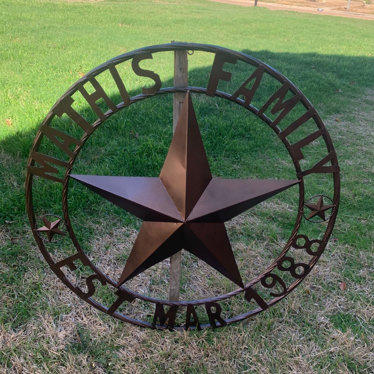 MATHIS STYLE CUSTOM NAME STAR BARN STAR 3d METAL LONESTAR TWISTED ROPE RING WESTERN HOME DECOR RUSTIC BRONZE COPPER HANDMADE 24",32",36",50"
