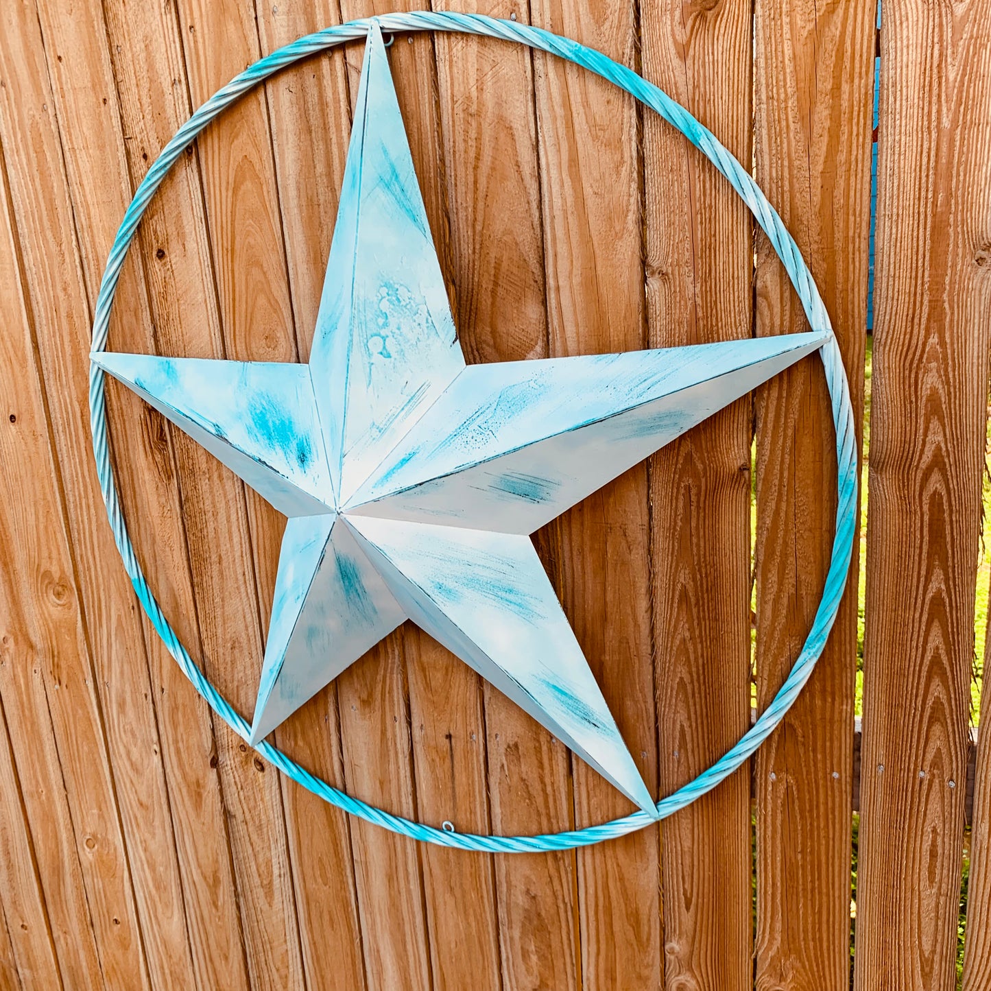 #EH11219 TURQUOISE WHITE DISTRESSED STAR TWO TONE TEXTURE BARN STAR METAL LONESTAR TWISTED ROPE RING WESTERN HOME DECOR HANDMADE NEW