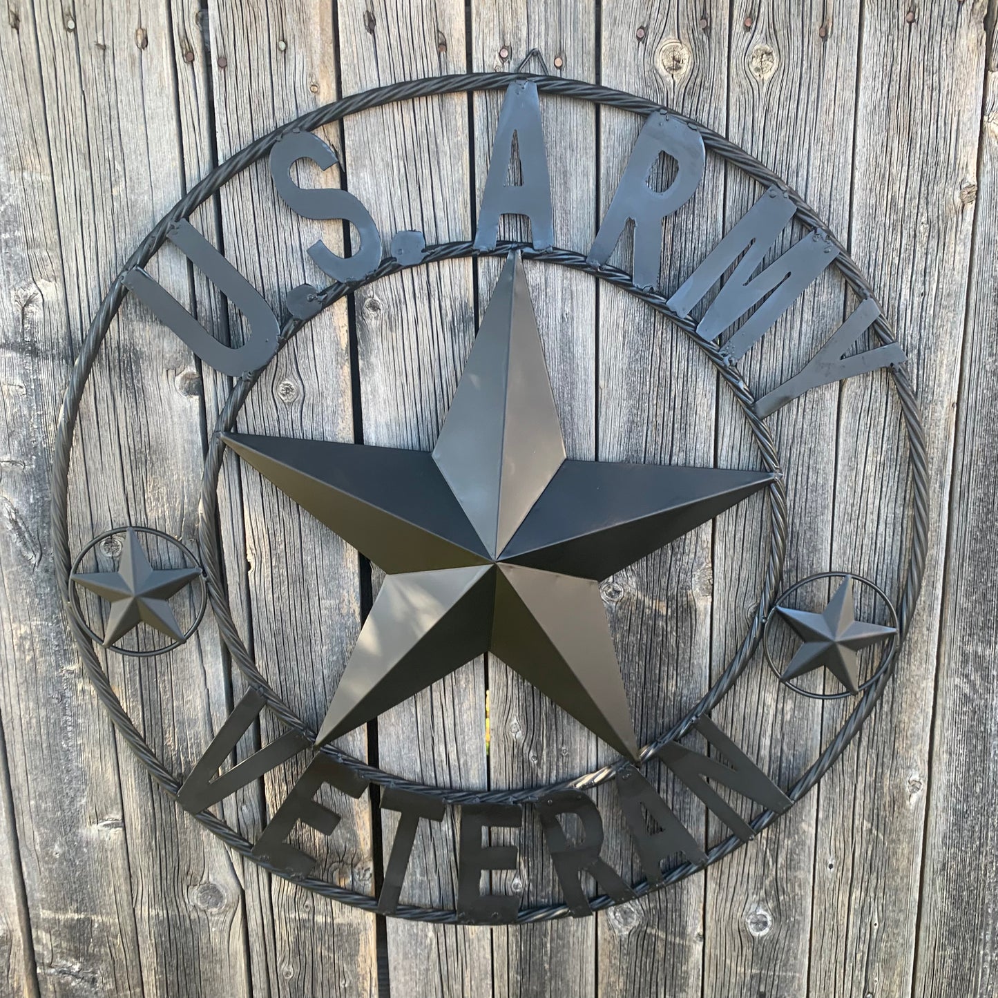 US ARMY VETERAN BARN STAR METAL LONESTAR CUSTOM NAME STAR WESTERN HOME DECOR RUSTIC BLACK  24",32",36",50"